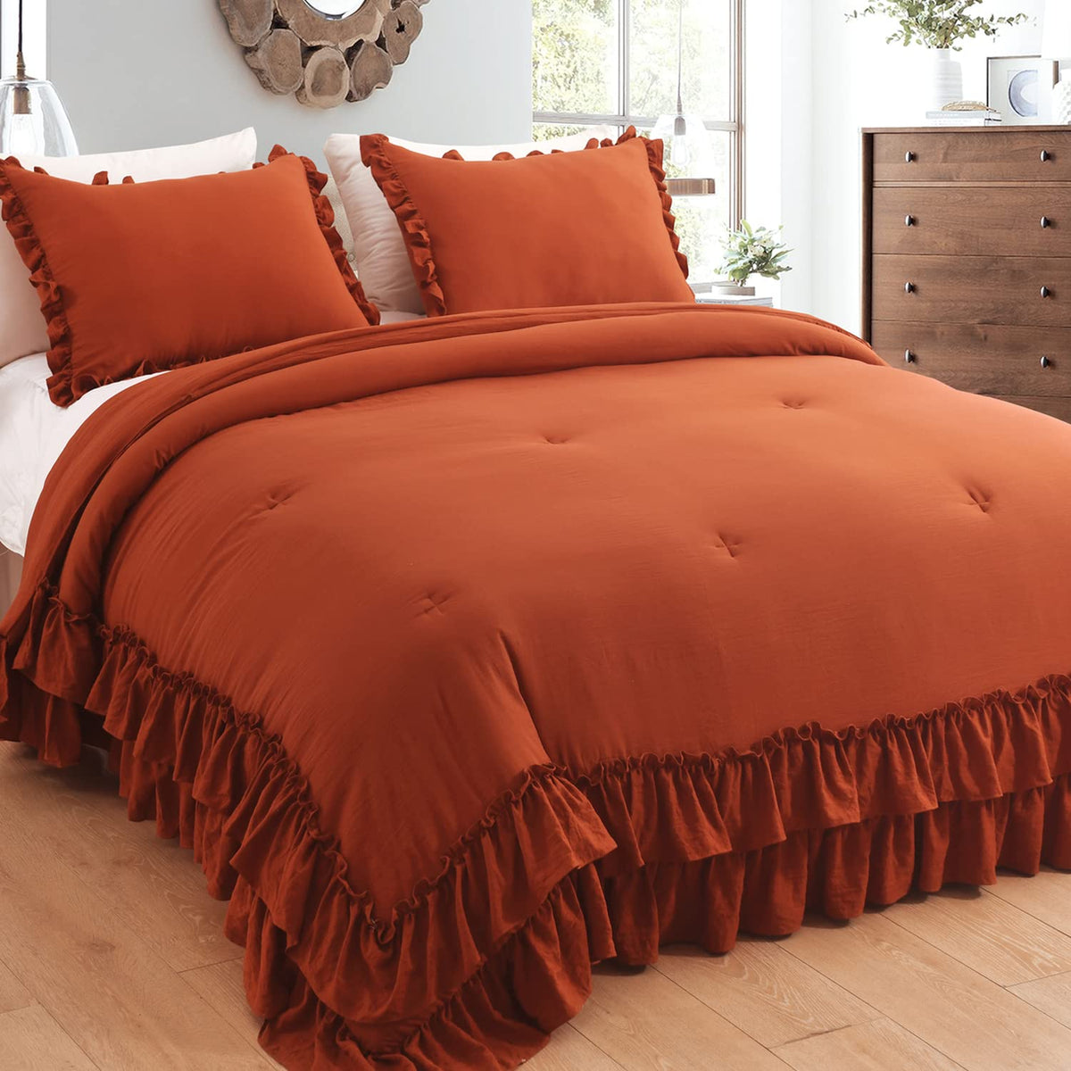 Masaca Terracotta Ruffle Comforters Queen Size Set,Burnt Orange Shabby Boho Chic Comforter Farmhouse Terracotta Bedding Sets 3Pc