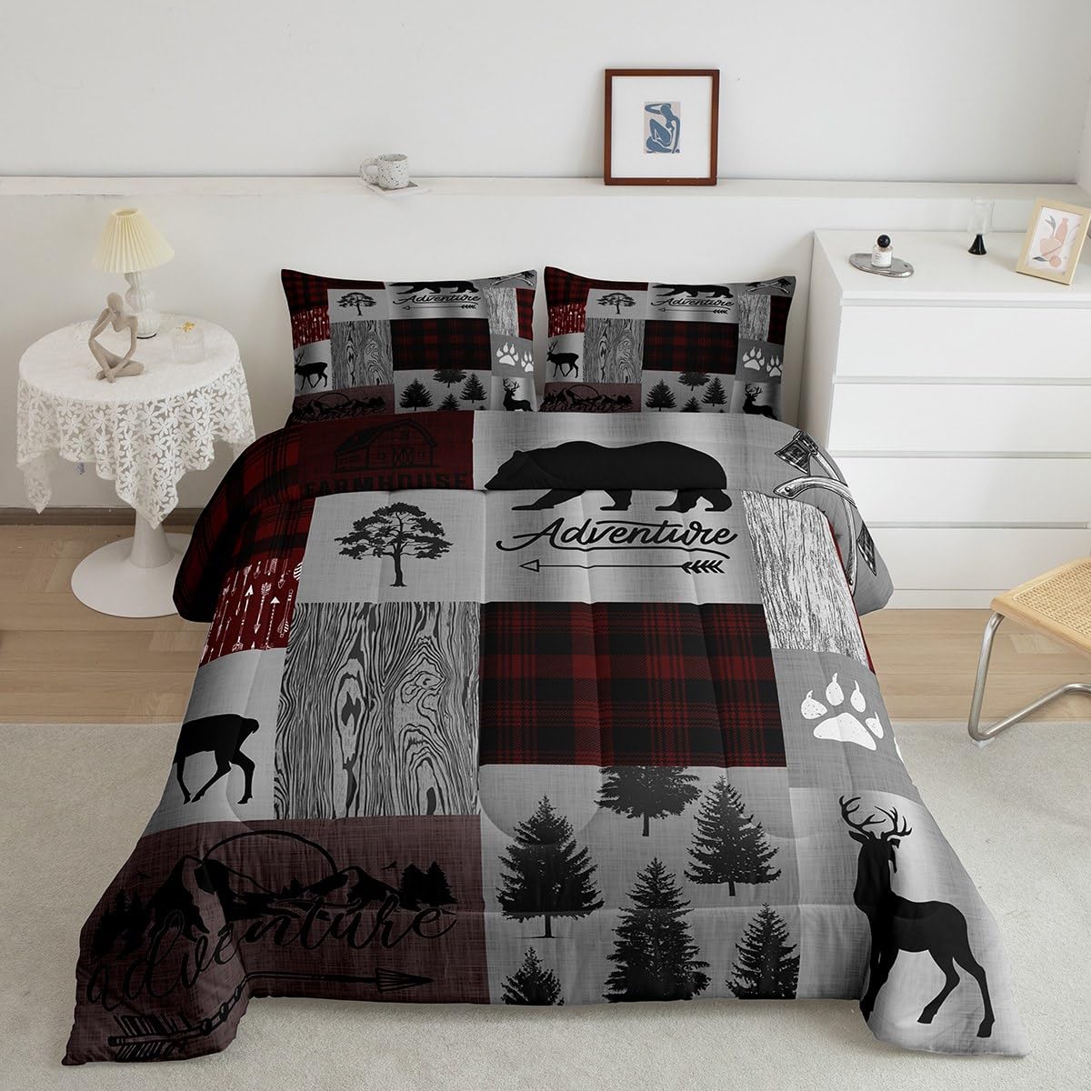 Gray Red Grid Bedding Set King Size,Kids Adults Winter Bedroom Christmas Themed Comforter Set 3Pcs,Rustic Wooden Bear Elk Print