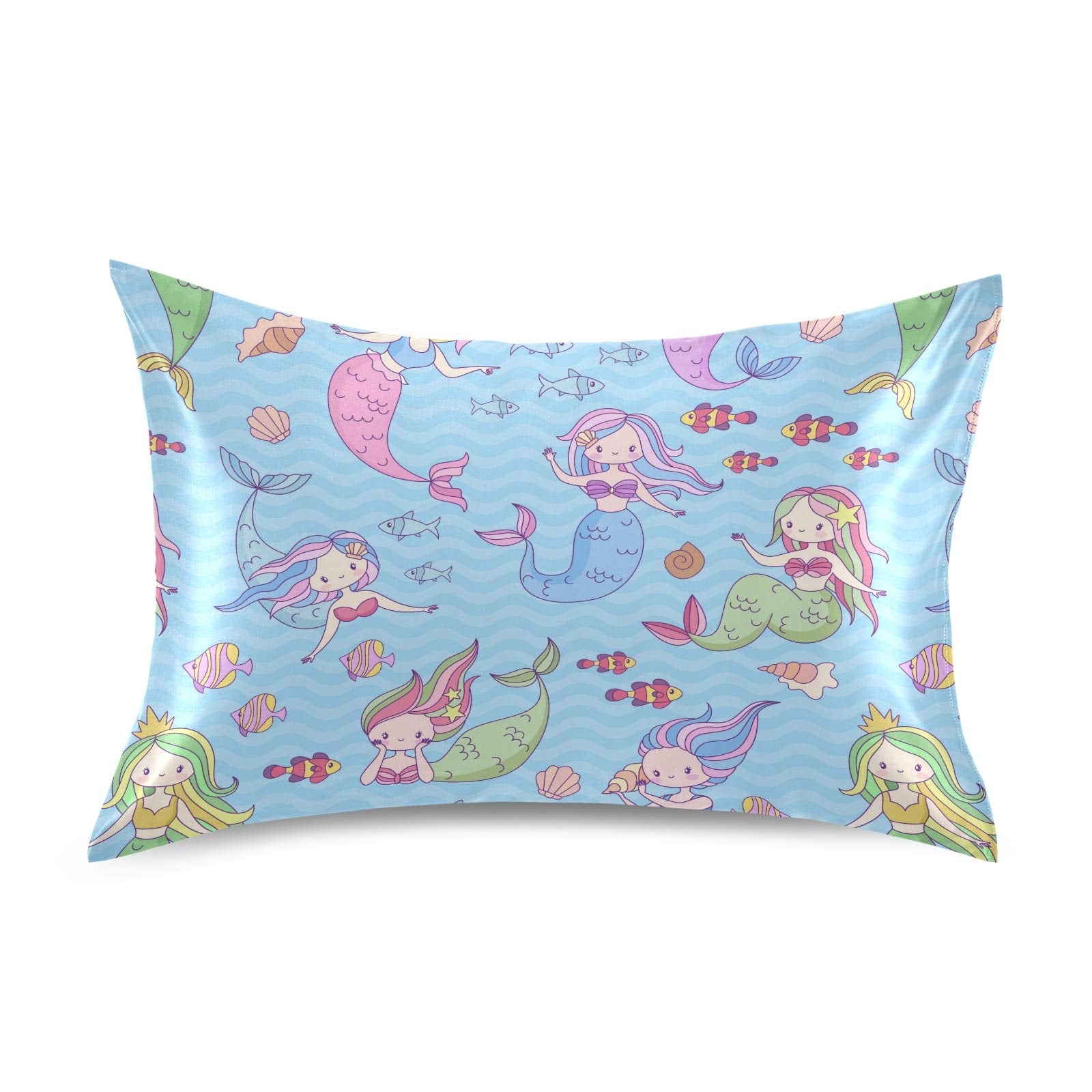 Xigua Cute Mermaid Girl Silky Satin Pillowcase, Luxury Soft Pillow Case For Hair And Skin, Standard Size Slip Cooling Pillow Cov
