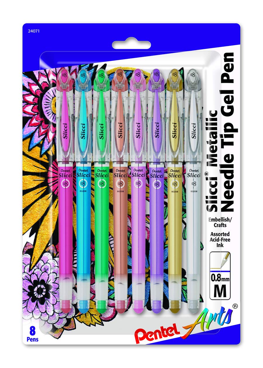 Pentel Arts Slicci Metallic 0.8 Mm Needle Tip Gel Pen, Assorted Colors, 8 Pack (Bg208Bp8M)