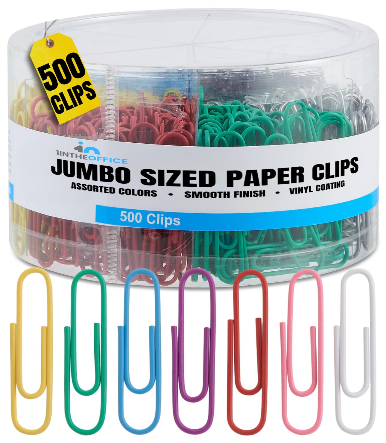 1Intheoffice Jumbo Paper Clip, Vinyl Coated Smooth Large Paper Clips 500 Pieces (Assorted Colored)