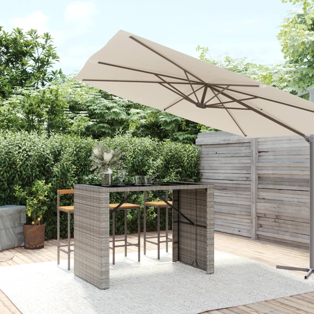 vidaXL Modern Patio Bar Table - Weather-Resistant Gray Poly Rattan with Glass Top - Perfect for Garden, Outdoors, Poolside, 57.1"x31.5"x43.3"