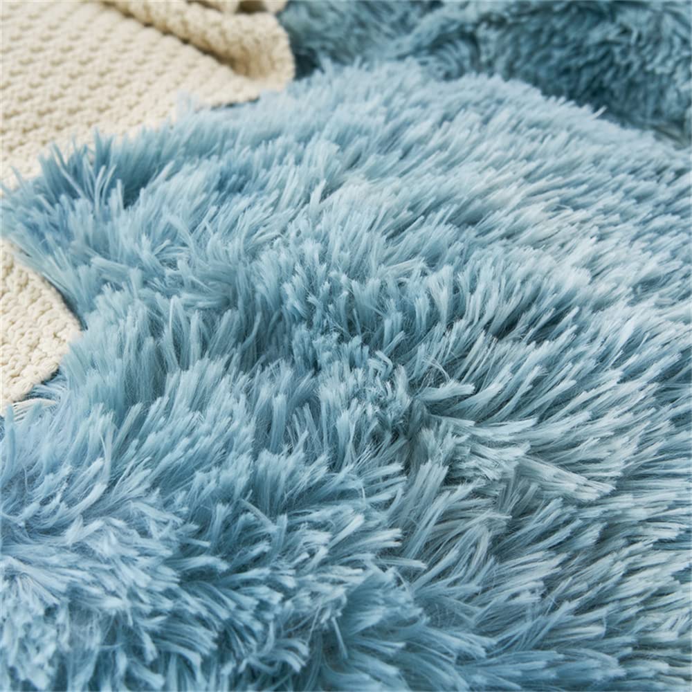 Chovy Faux Fur Plush Tie-Dyed Blue White Comforter Set Twin/Full Size - Ultra Soft Shaggy Flannel Velvet Fluffy Fuzzy 3Pc Beddin