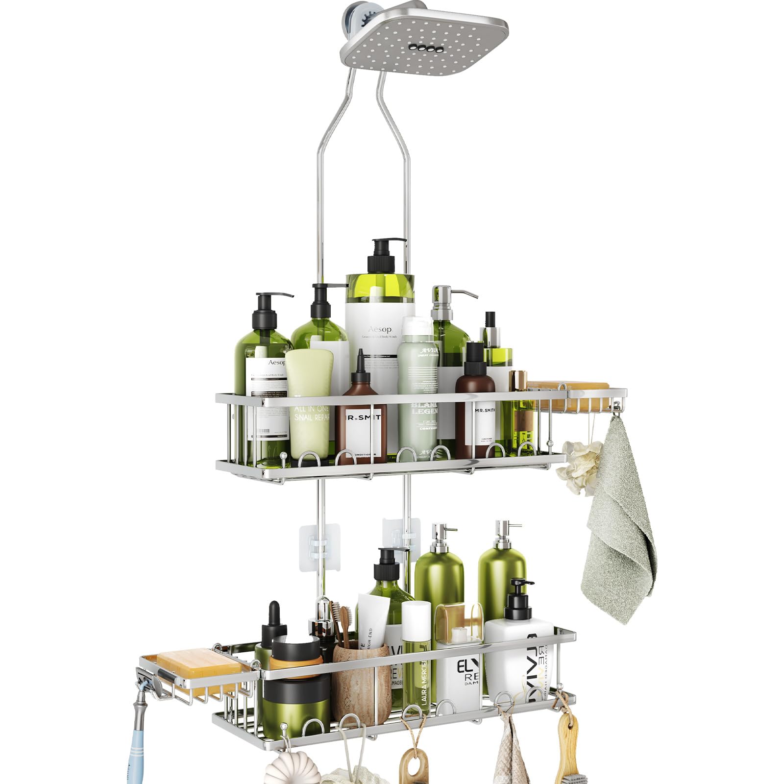 Skyapex Shower Caddy Hanging: Adjustable Height No Blocking to Shower Head - Silver Shower Caddy Over Showerhead Shower Organize