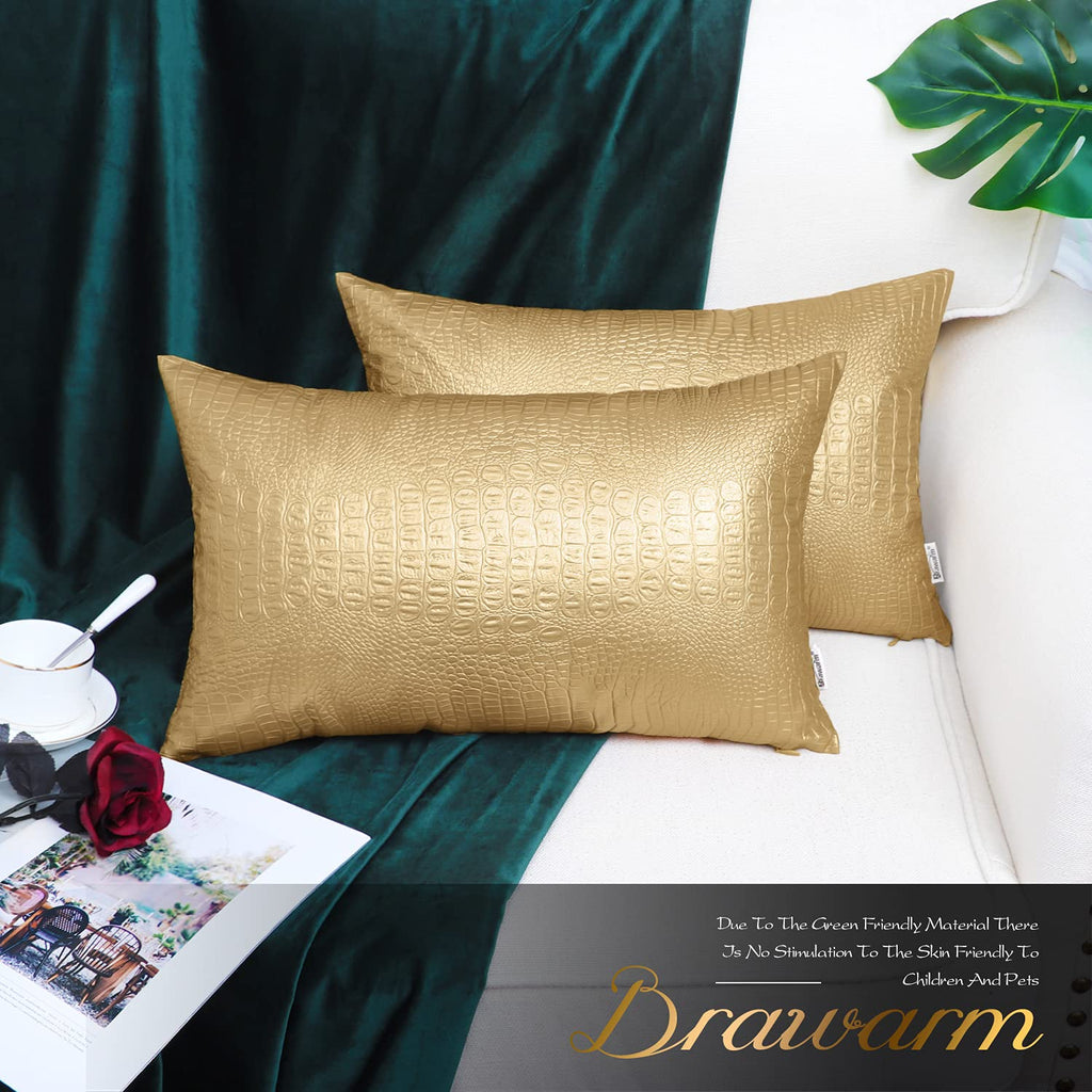 Brawarm Faux Leather Pillow Covers 12 X 20 Inches, Gold Leather Pillow Covers Pack Of 2, Crocodile Leather Decorative Lumbar Thr