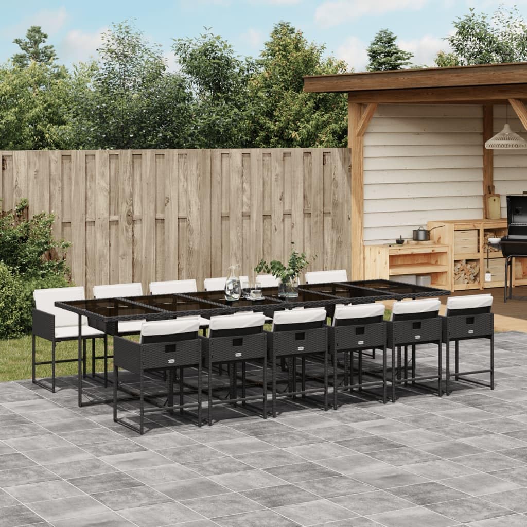 vidaXL 13 Piece Patio Dining Set with Cushions - Black PE Rattan Garden Table & 12 Chairs - Outdoor Deck Furniture with Tempered Glass Top