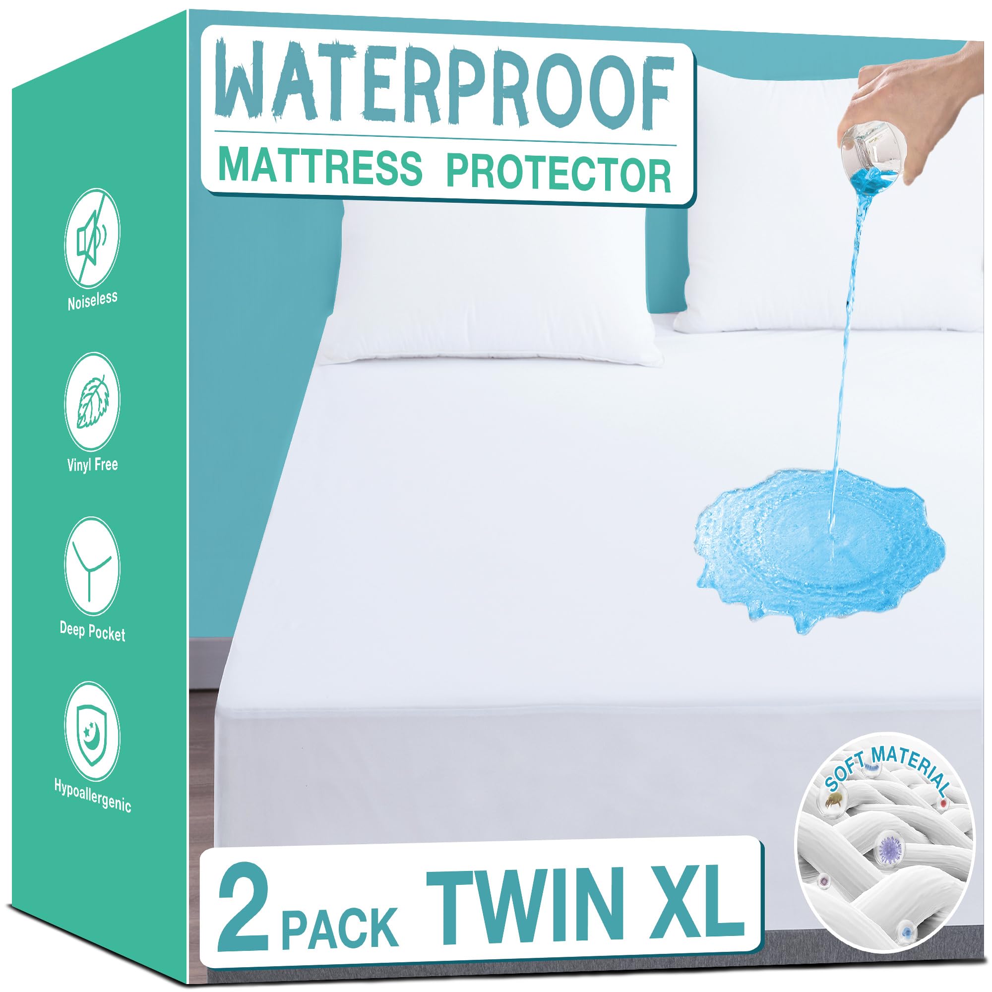 Lunsing Twin Xl Waterproof Mattress Protector, 2 Pack Noiseless, Breathable, And Soft Twin Extra Long Size Mattress Cover With D