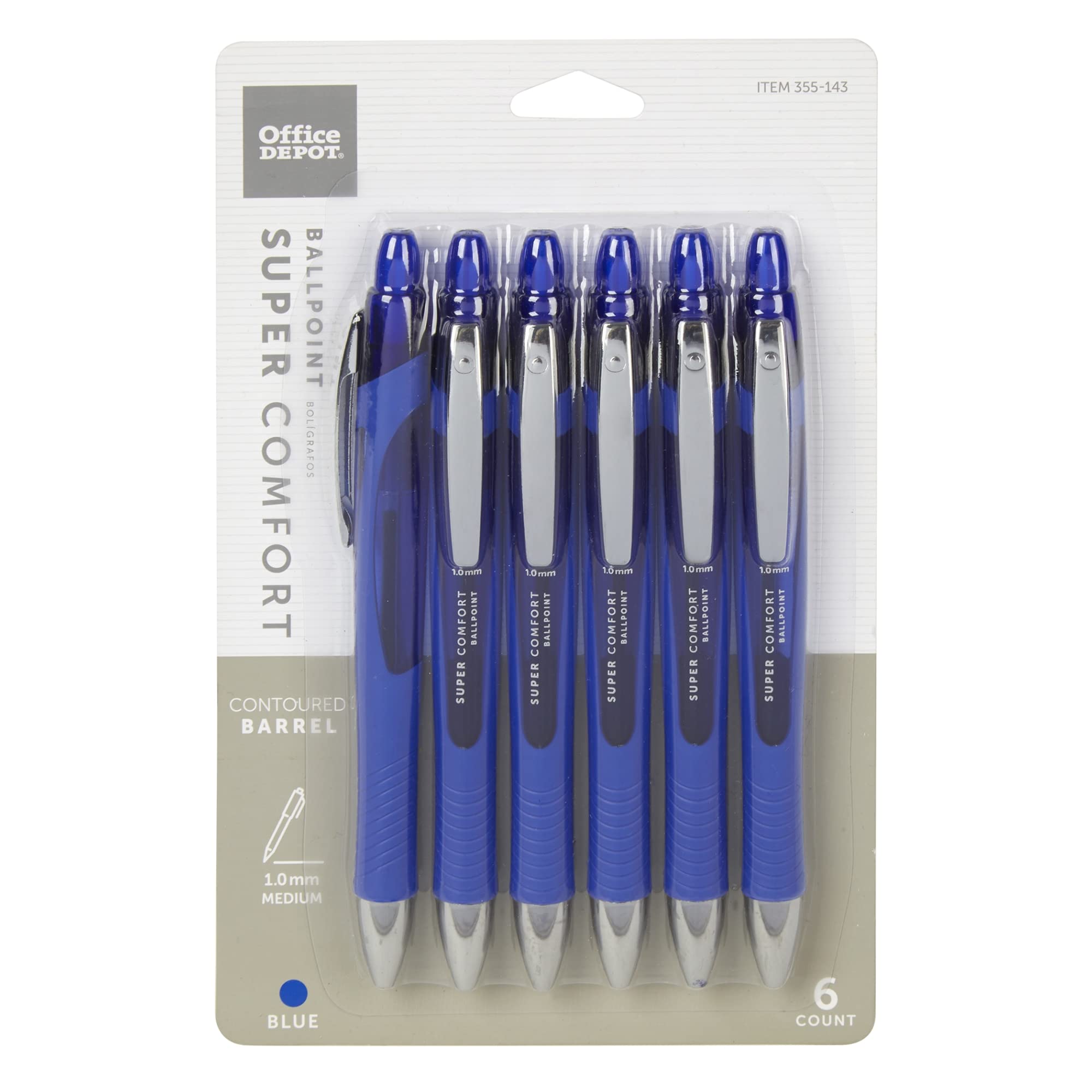 Office Depot Retractable Ballpoint Pens With Grip, Medium Point, 1.0 Mm, Blue Barrel, Blue Ink, Pack Of 6