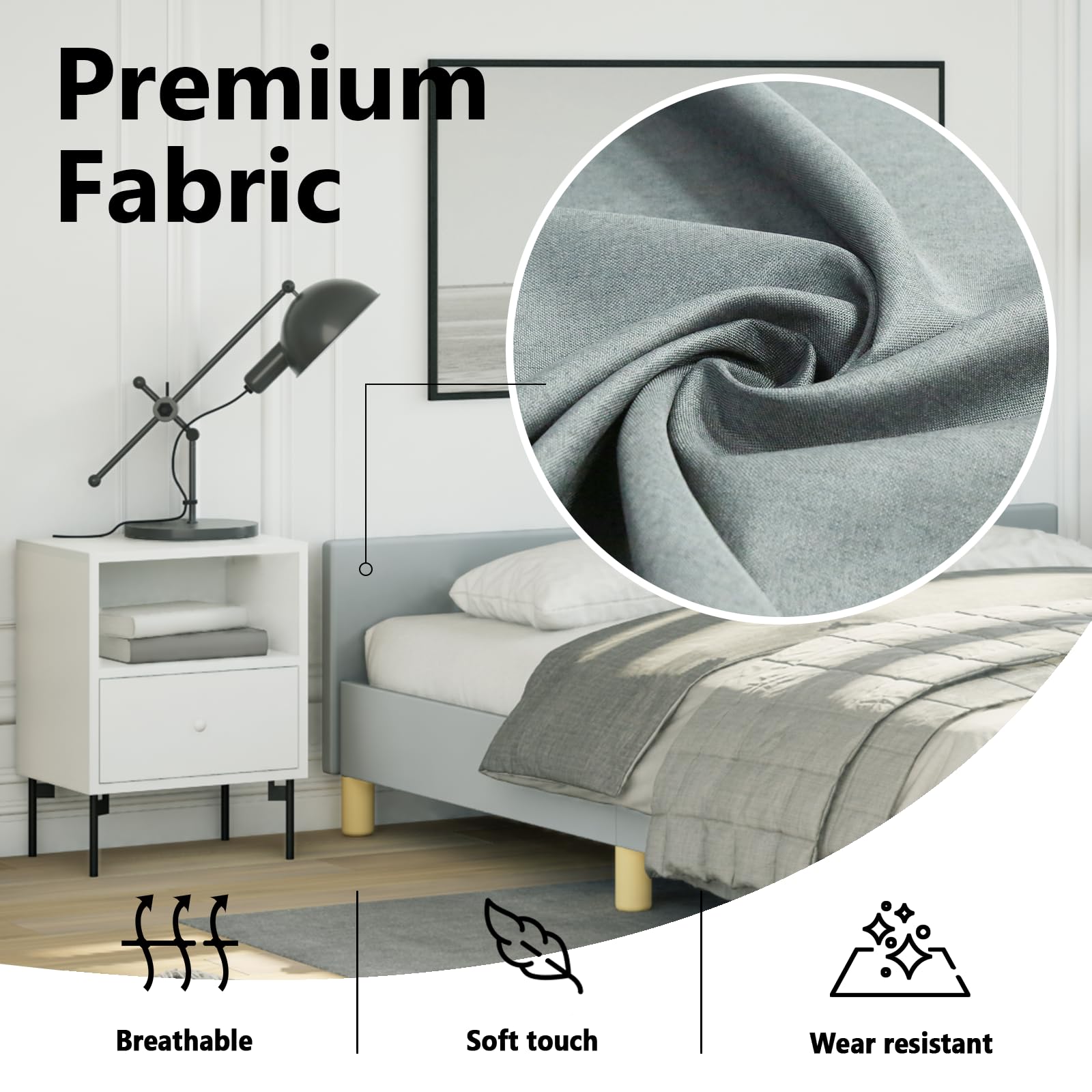 vidaXL Fabric Bed Frame Platform Bed, Scandinavian Style/Slats Support/No Box Spring Needed/Without Mattress/Easy Assembly, Light Grey Full Bed