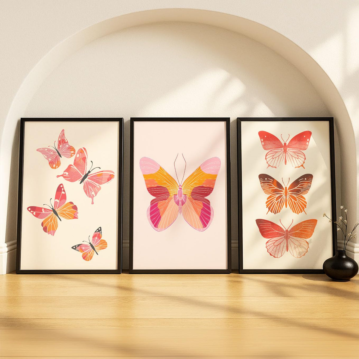 SoulAbiti Pink Orange Butterfly Trio set of 3 Framed Wall Print 12x18 inch Black Frame PlexiGlass Animal Art ready to hang for