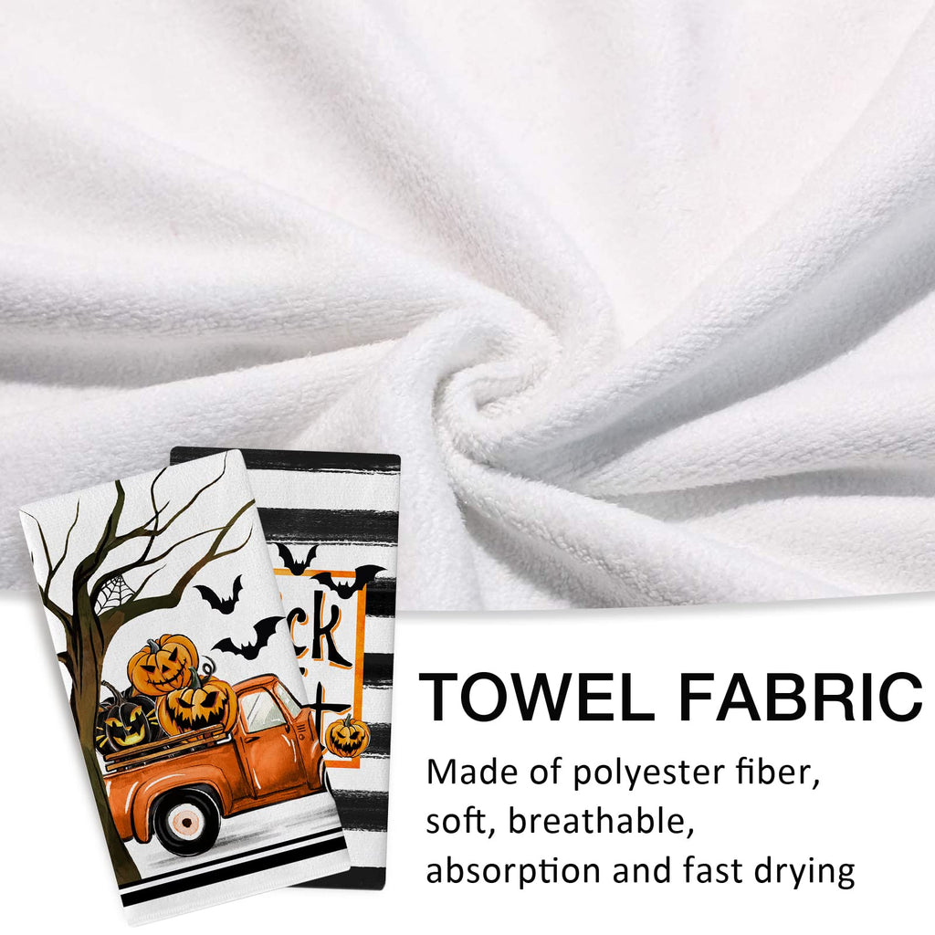 Seliem Halloween Trick Or Treat Kitchen Dish Towels Set Of 2, Jack O Lantern Pumpkin Truck Hand Towels Stripes Drying Baking Coo