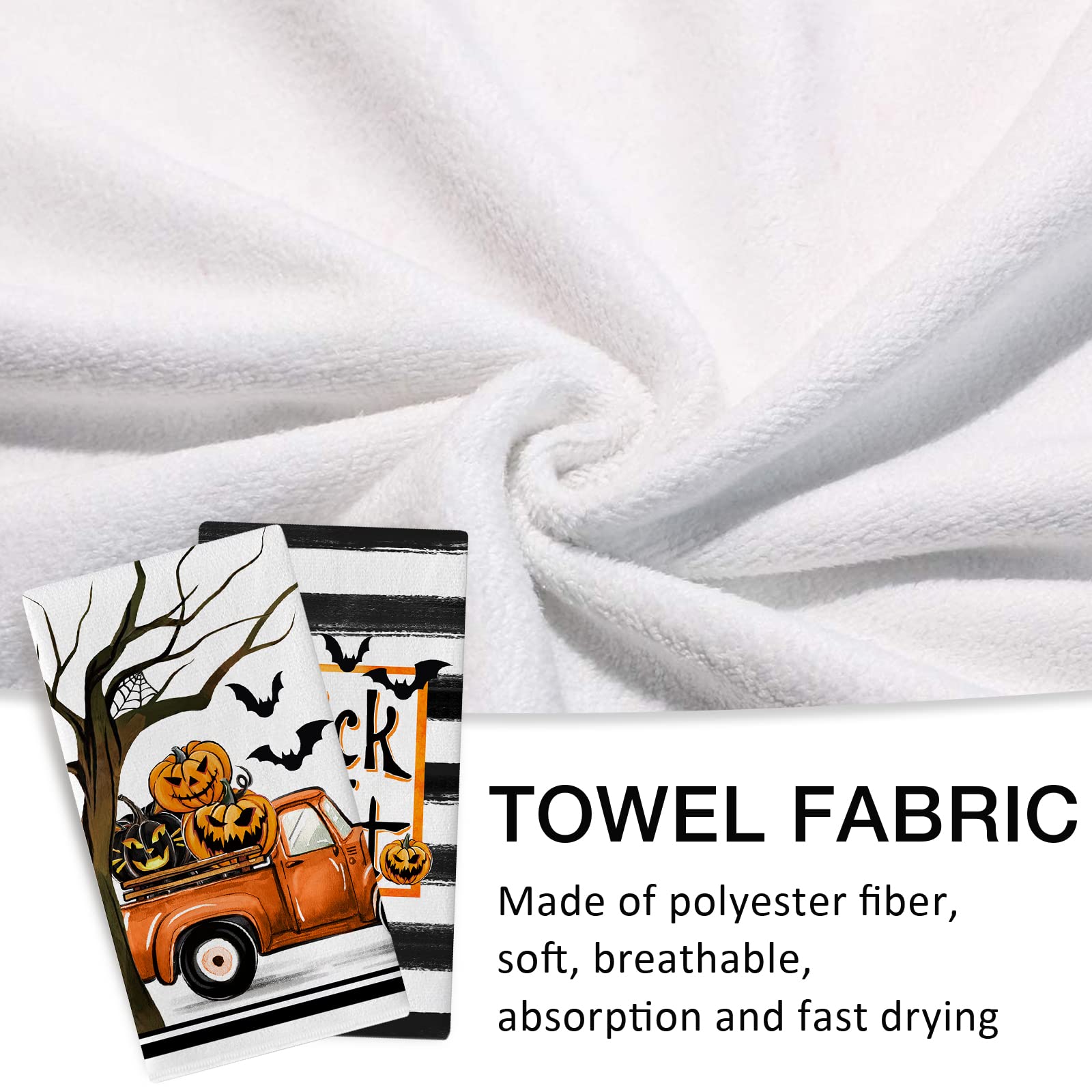 Seliem Halloween Trick Or Treat Kitchen Dish Towels Set Of 2, Jack O Lantern Pumpkin Truck Hand Towels Stripes Drying Baking Coo