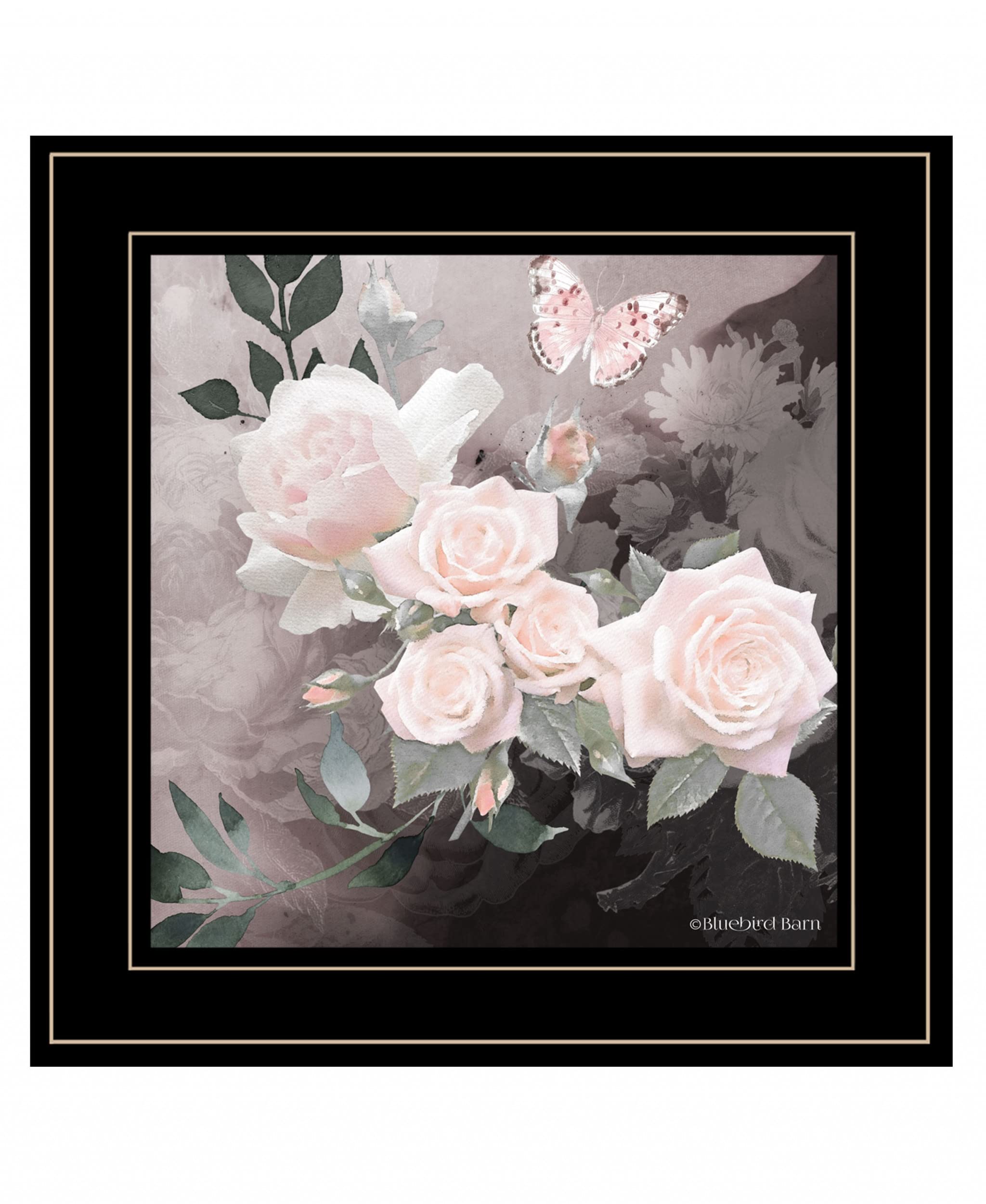 Pink Roses and Butterfly Black Double Rim Framed Print Wall Art