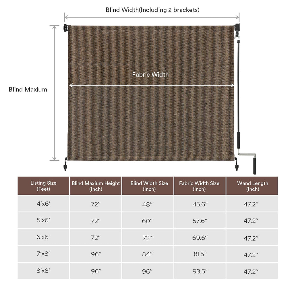 Vicllax Outdoor Roller Shade Fabric For Porch Gazebo, Patio Cordless Blinds Roll Up Shade (6' W X 6' L), Mocha