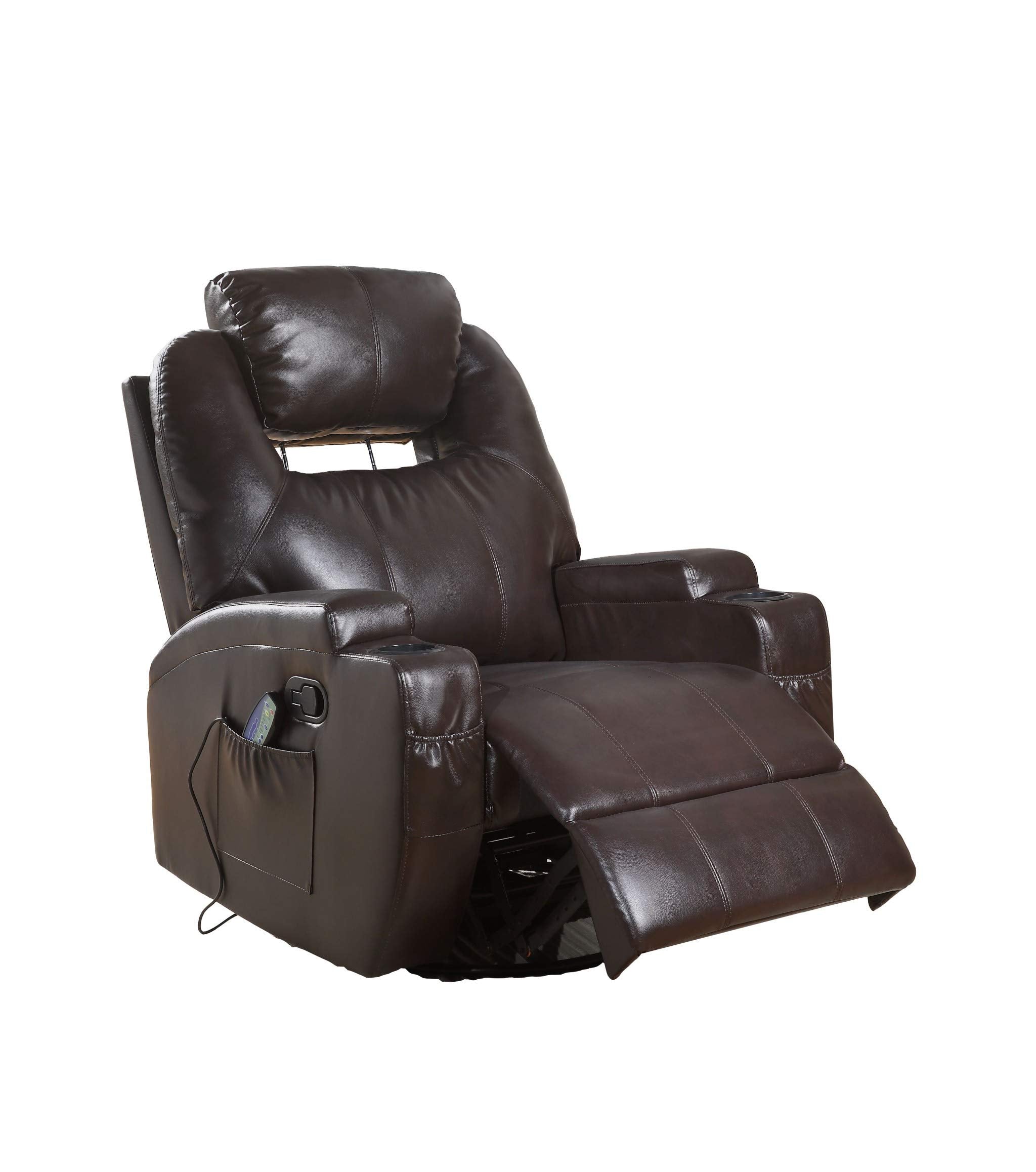HomeRoots Boned Leather Match, Pine 34' X 37' X 41' Brown Bonded Leather Match Swivel Rocker Recliner with Massage