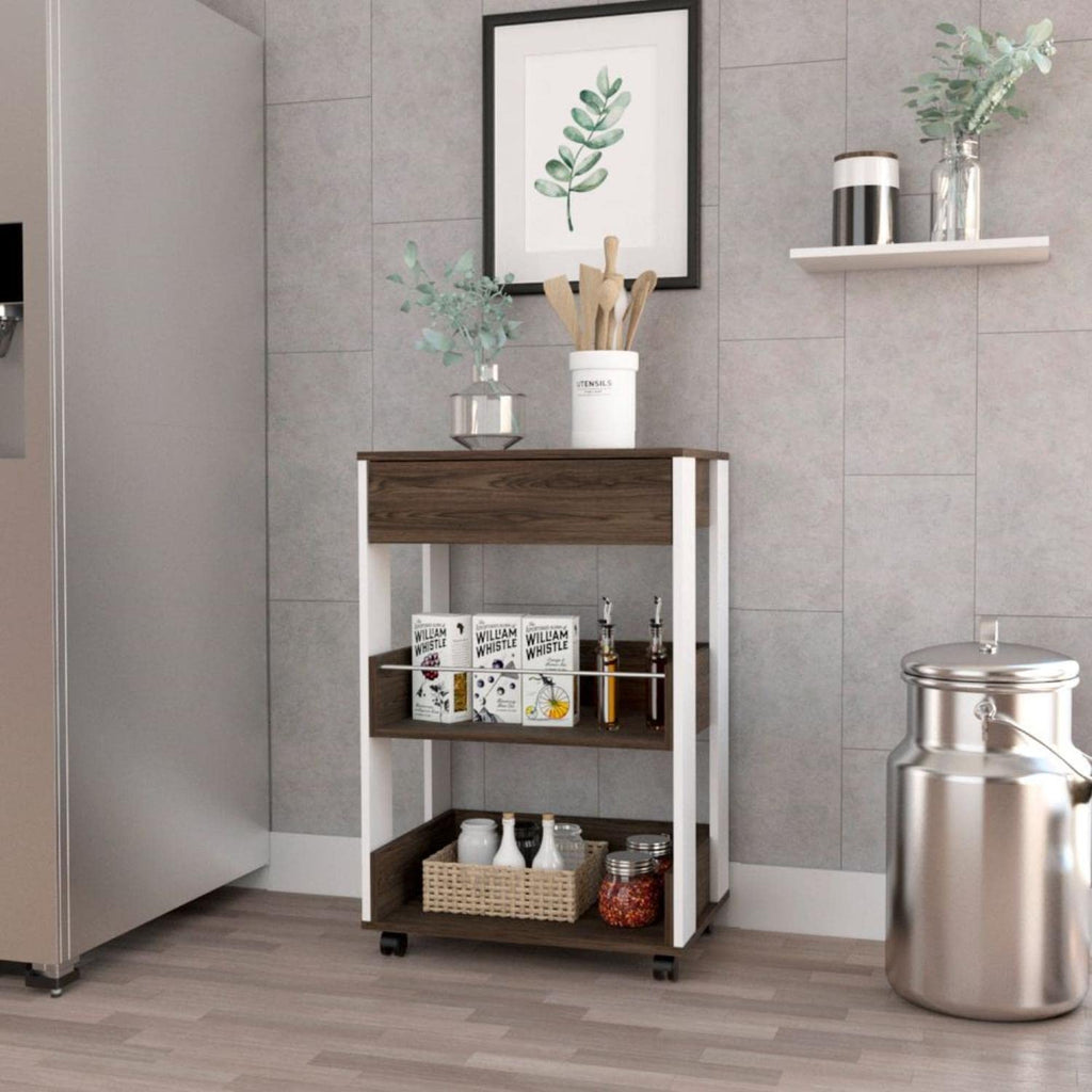 Modern Kitchen Cart 35" H, 4 Casters, 3 Shelves, White/Dark Walnut