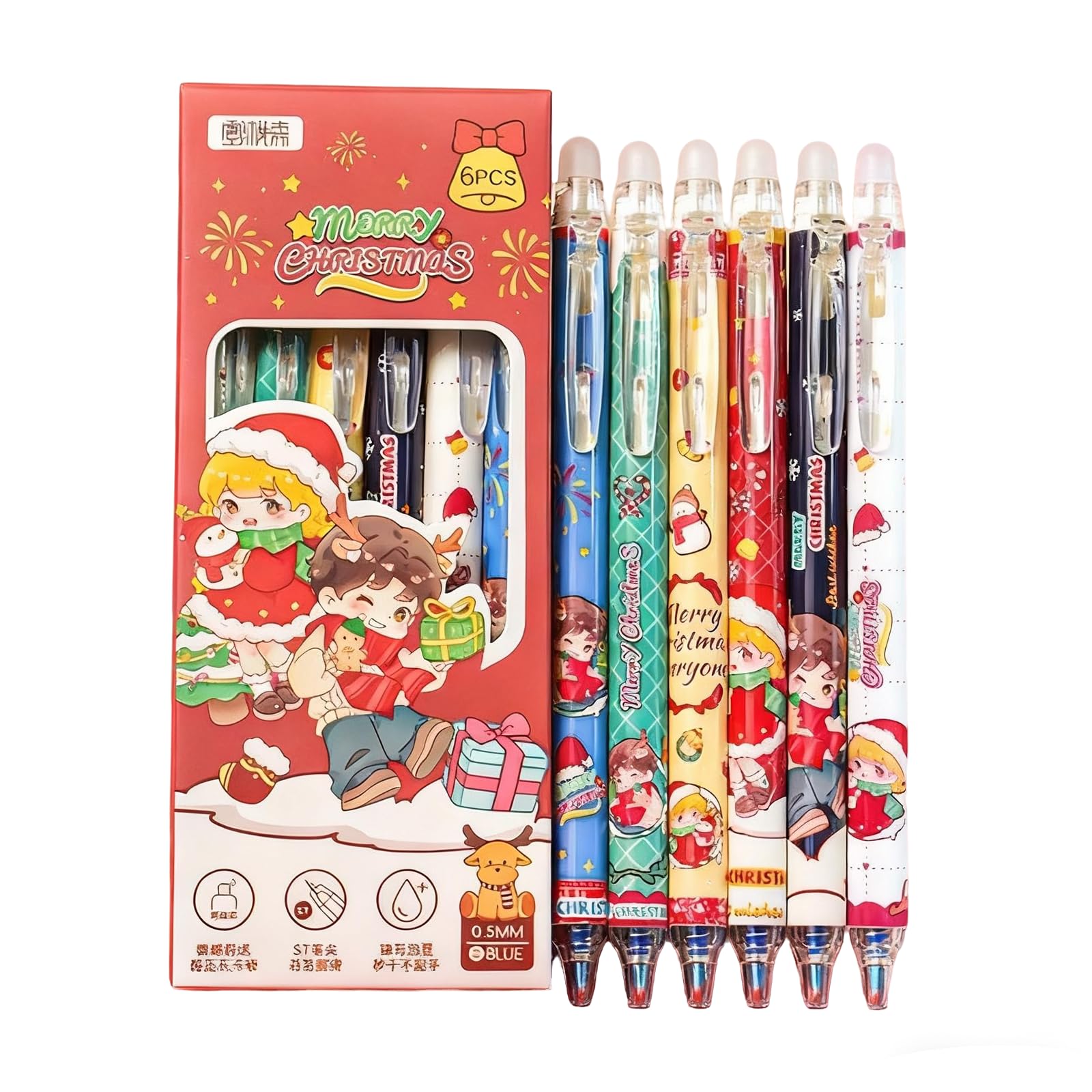 Rexinc 6PCs Christmas Blue Erasable Gel Pens, 0.5mm Fine Point Cute Holiday Mechanical Writing Pens for School Office Kids Stude