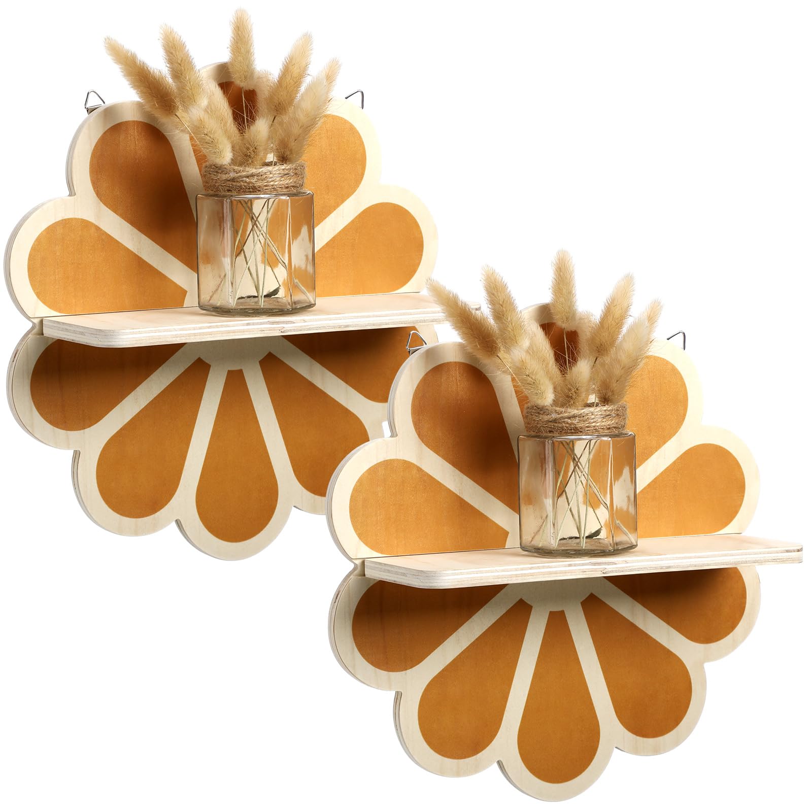 Tatuo 2 Pieces Boho Wooden Flower Wall Shelves Bohemian Candle Holders Hanging Shelf for Living Room Bathroom Bedroom Office Nur
