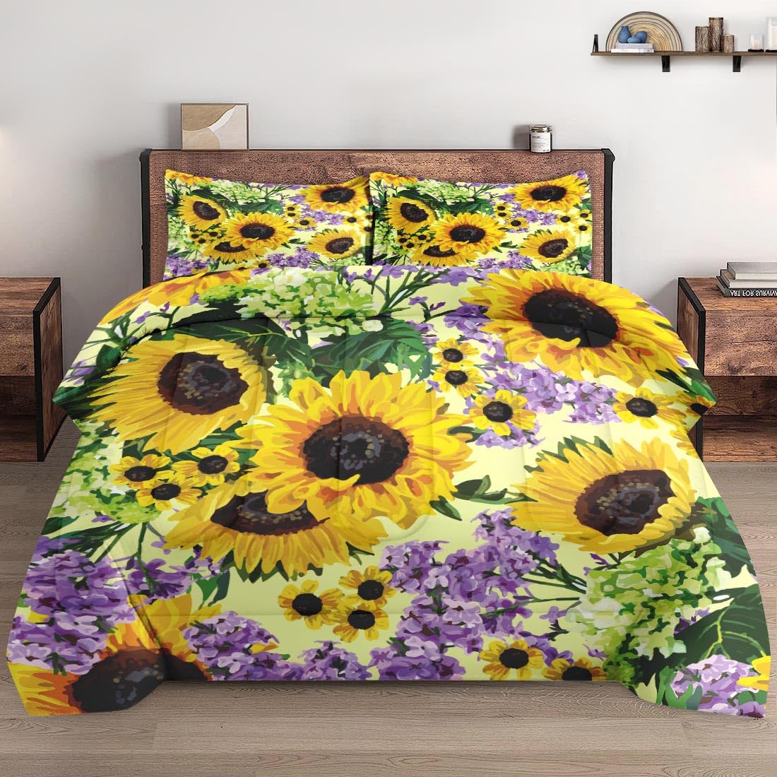 Wecozy King Size Comforter Set With 2 Pillowcases, Retro Farm Summer Sunflower Flower Floral Soft 3 Pcs Bedding For Kids And Adu