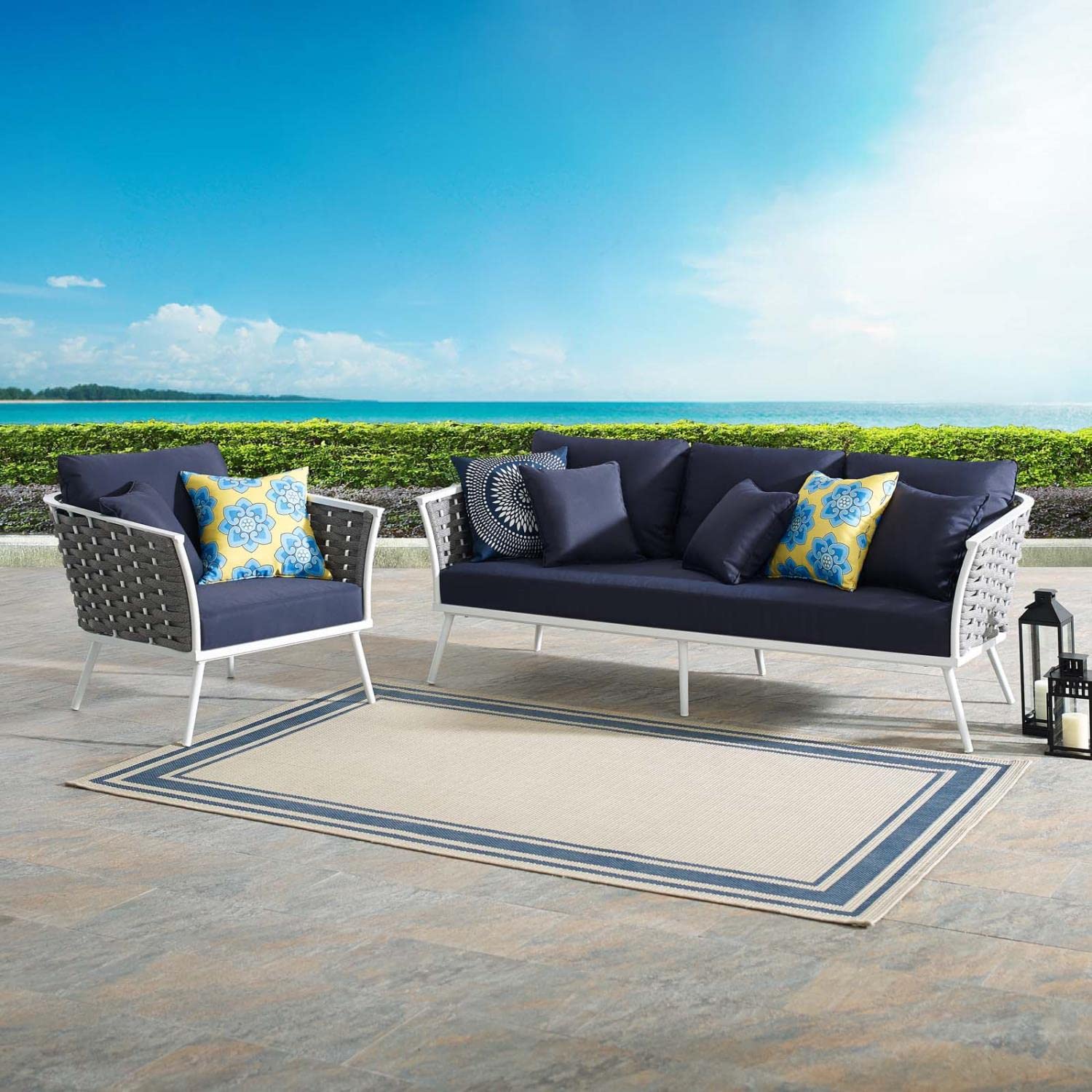 Modway Stance Outdoor Patio Aluminum, Sofa And Armchair, White Navy