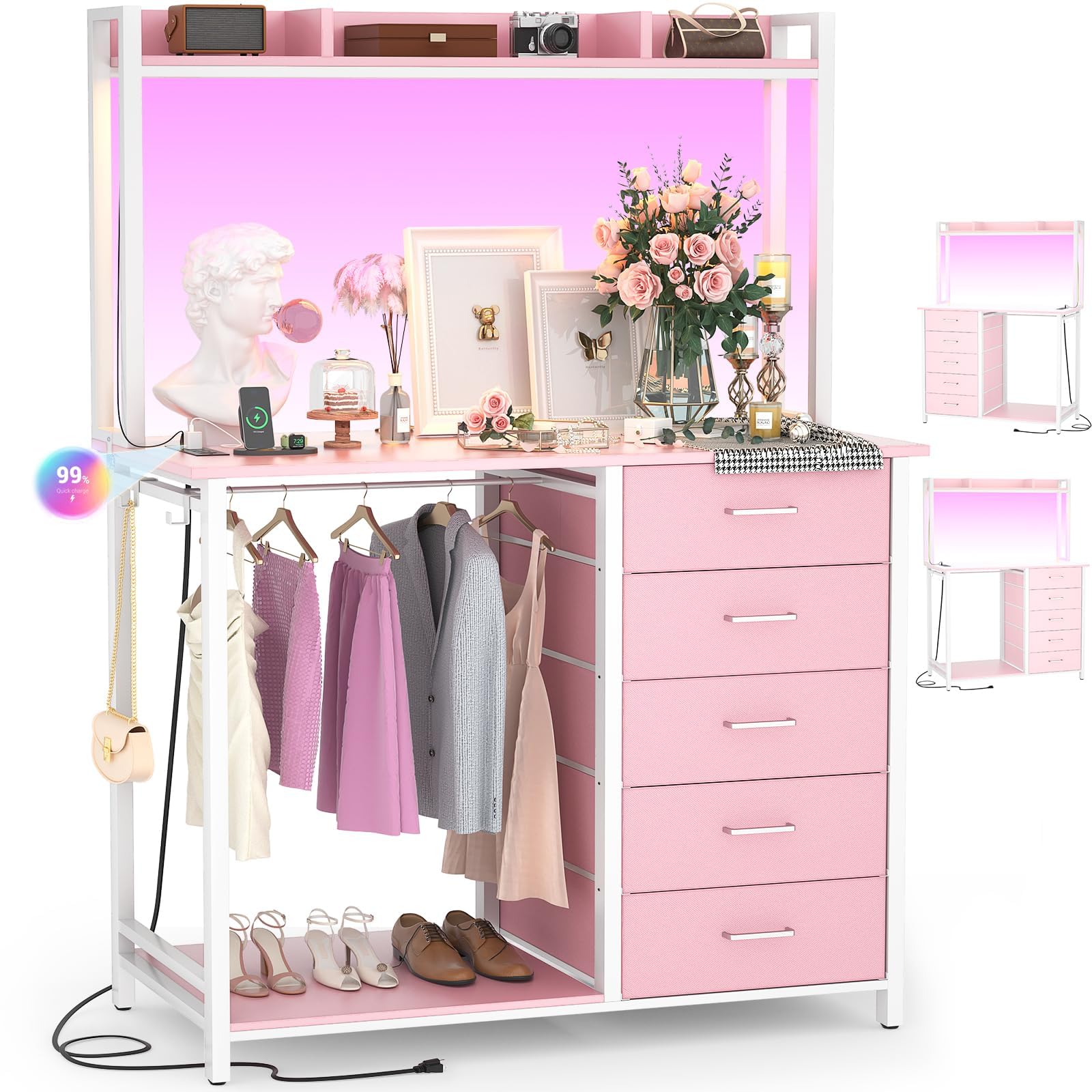 Cyclysio Dresser For Bedroom With Hutch & Clothes Rack, 70 ' ' Tall 5 Drawers Dresser With Shelves, White Dressers Closet With C