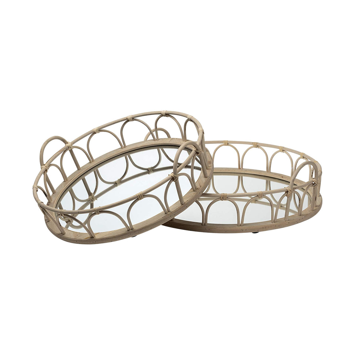 HomeRoots S/2 20' Natural Blonde Wood with Intricately Railings and Mirrored Glass Bottom Round Tray