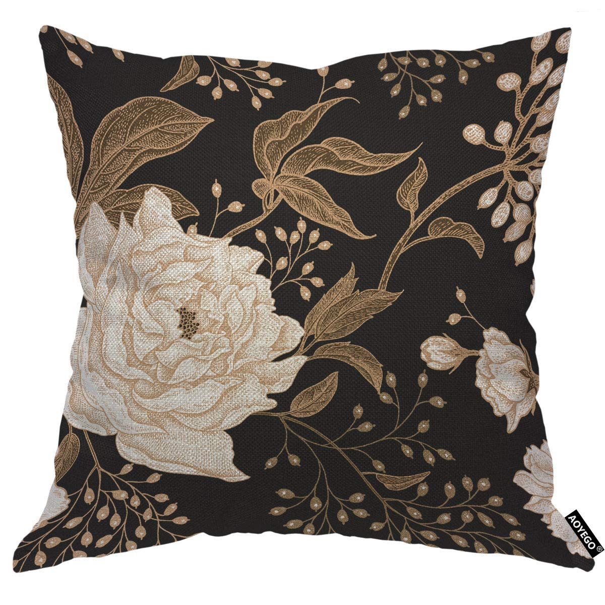 Aoyego Peonies And Roses Throw Pillow Cover Gold And White Flower Leaves Foliage Berries Oriental Style Luxury Bloom Pillow Case