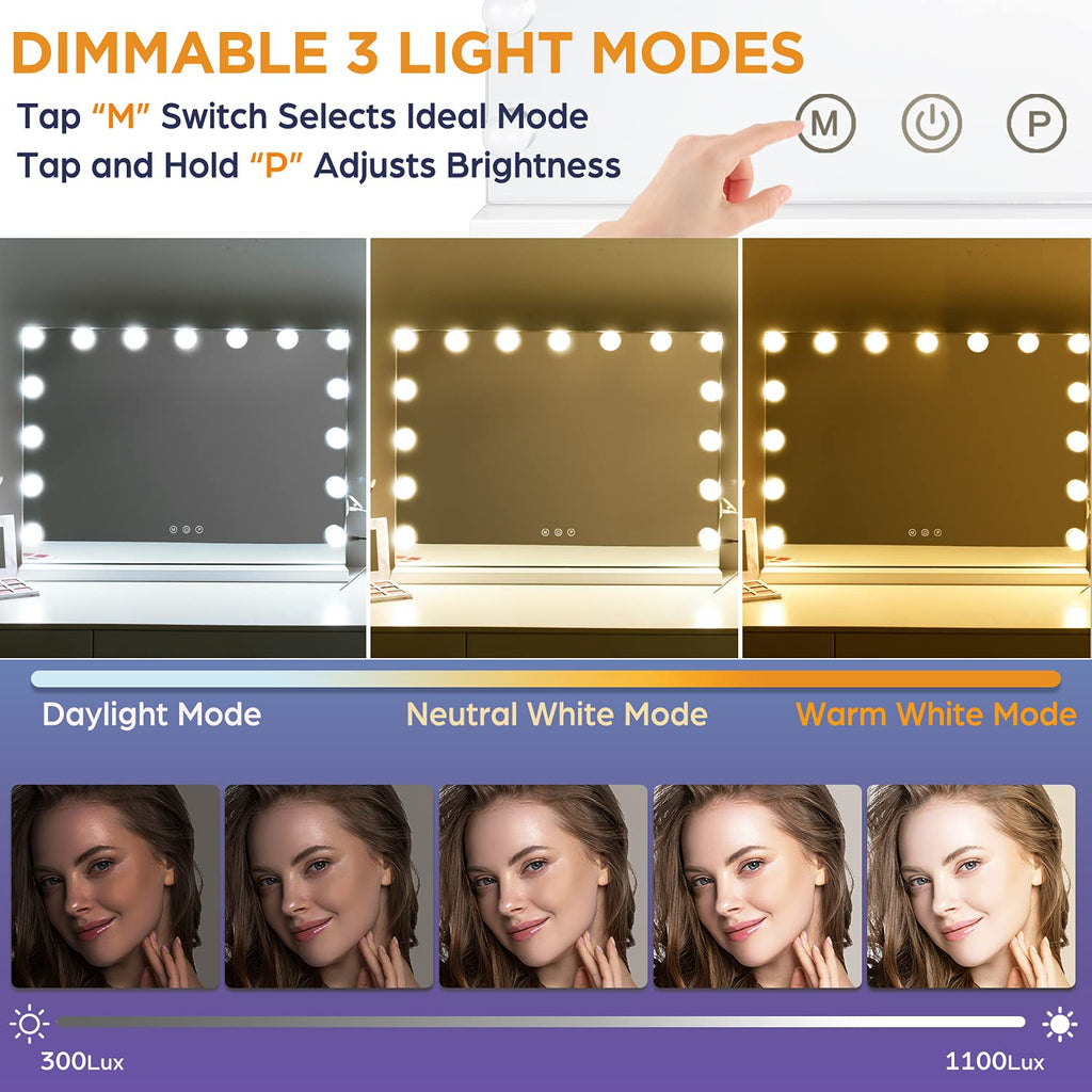 M Mivonda Hollywood Vanity Mirror With Dimmable 15Led Bulbs Lights 3 Lighting Modes 2In1 Large Lighted Makeup Mirror For Desk An