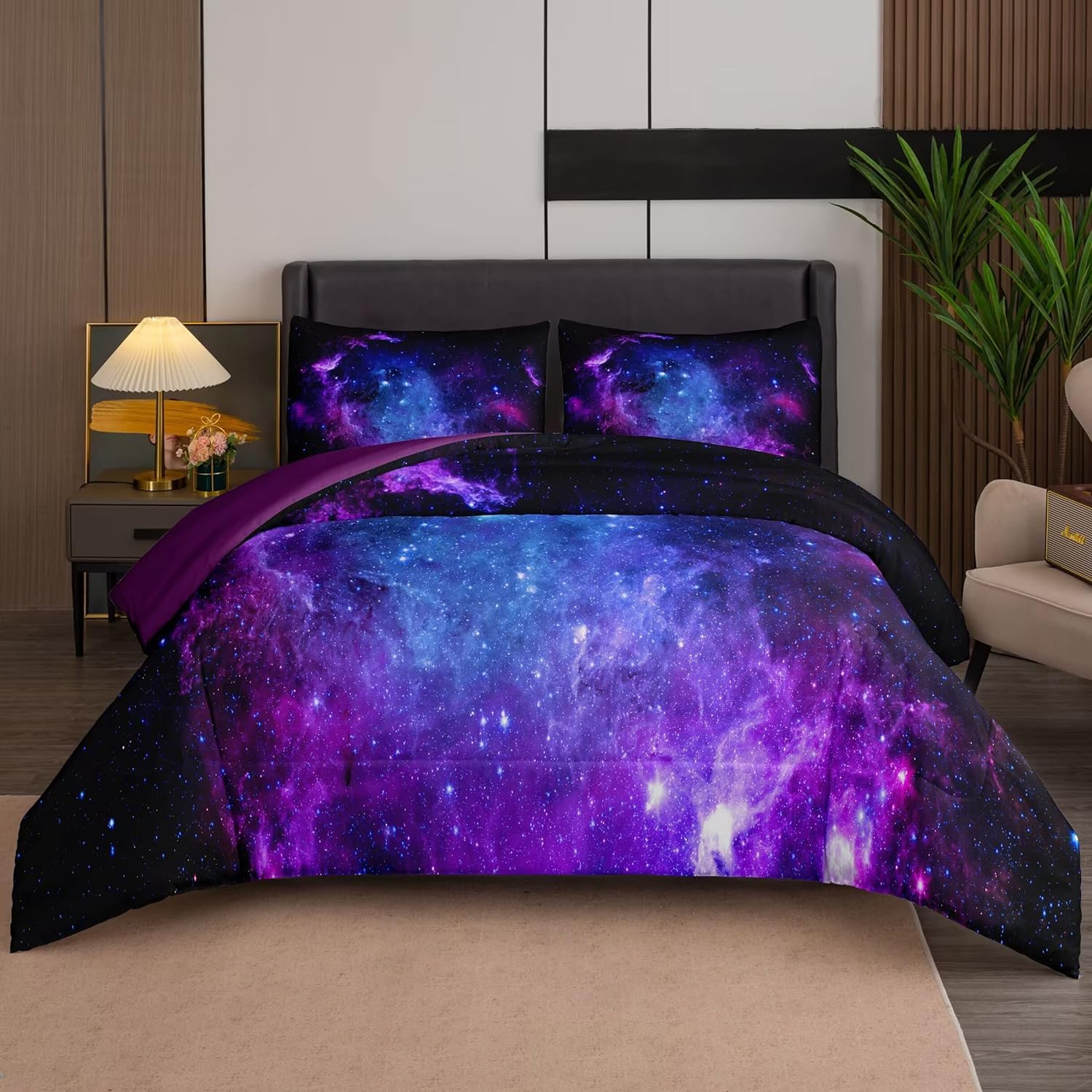Ninenine Galaxy Bedding 5Pcs Full Size Comforter Sets For Girls Space Bedding Set Girls Comforter Sets Full Purple Bedding Sets(