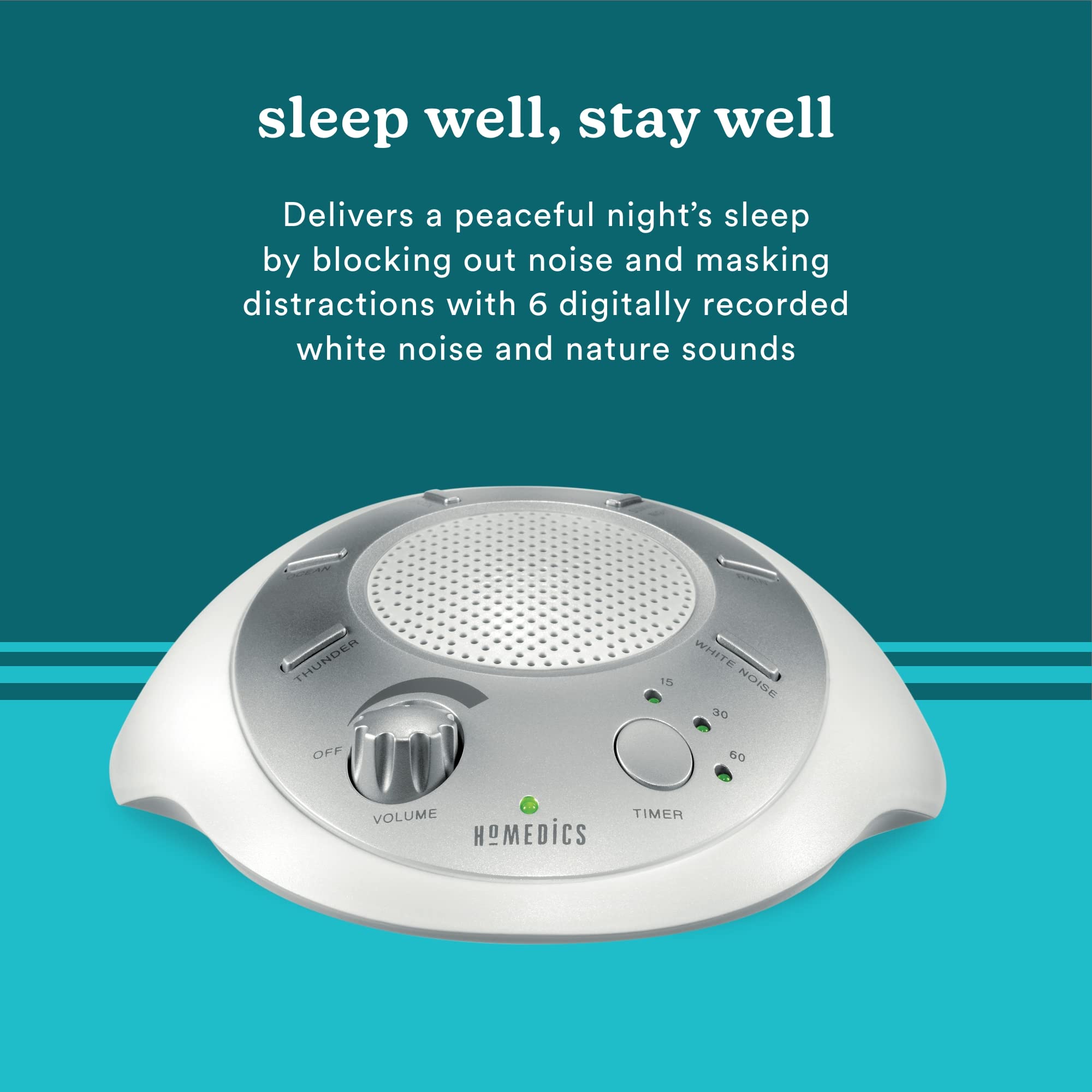Homedics Soundsleep White Noise Sound Machine, Silver, Small Travel Sound Machine With 6 Relaxing Nature Sounds, Portable Sound Therapy For Home, Office, Nursery, Auto-Off Timer, By Homedics