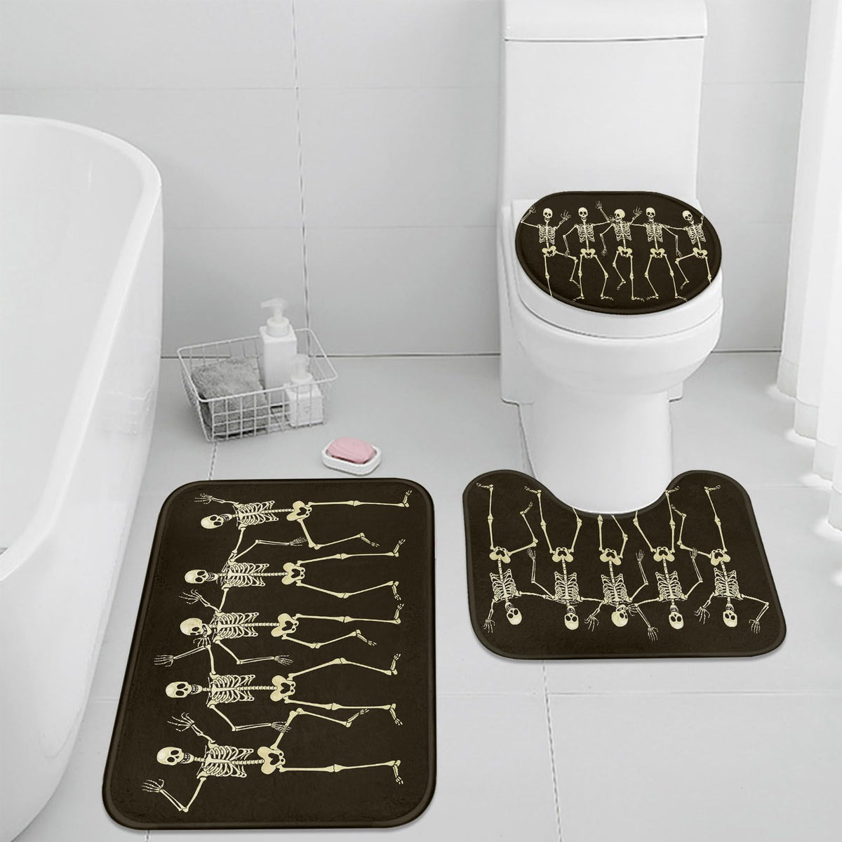 Britimes Halloween Bathroom Rug Set of 3, Funny Skeletons Body Skull 3 Pieces Bath Mats Set for Bathroom, No Silp Washable Cover