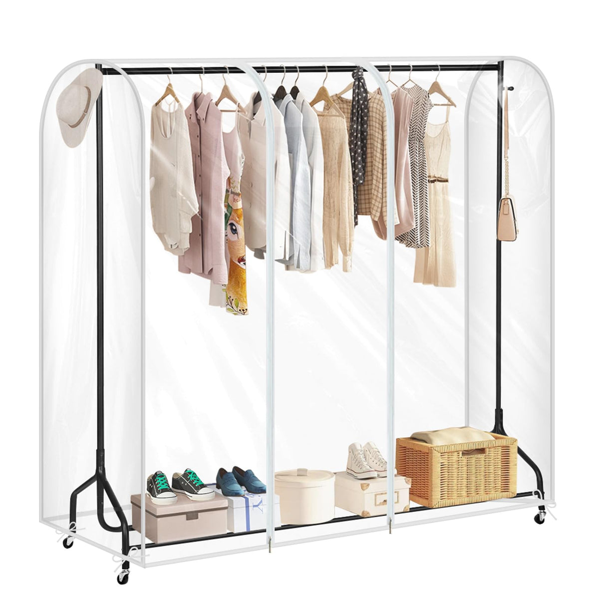 GQC Garment Rack Cover waterproof ransparent Clothes Rack Cover, PEVA Dustproof Wardrobe Hanging Protector Rack Organizer with 2