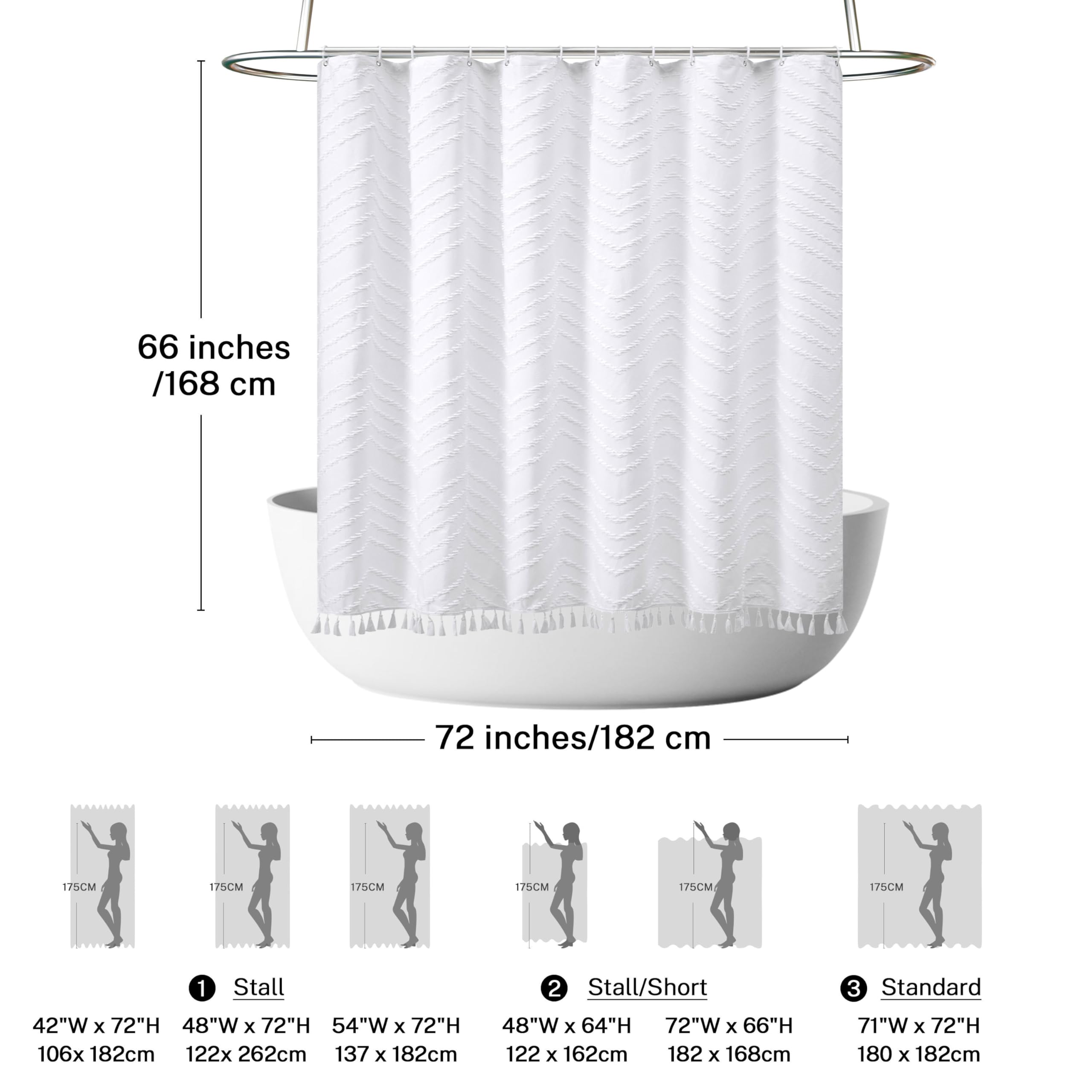 Boho Shower Curtain White Tassel Woven Fabric Short Shower Curtain 72 X 66 Modern Farmhouse Textured Tufted Chevron Striped Mini