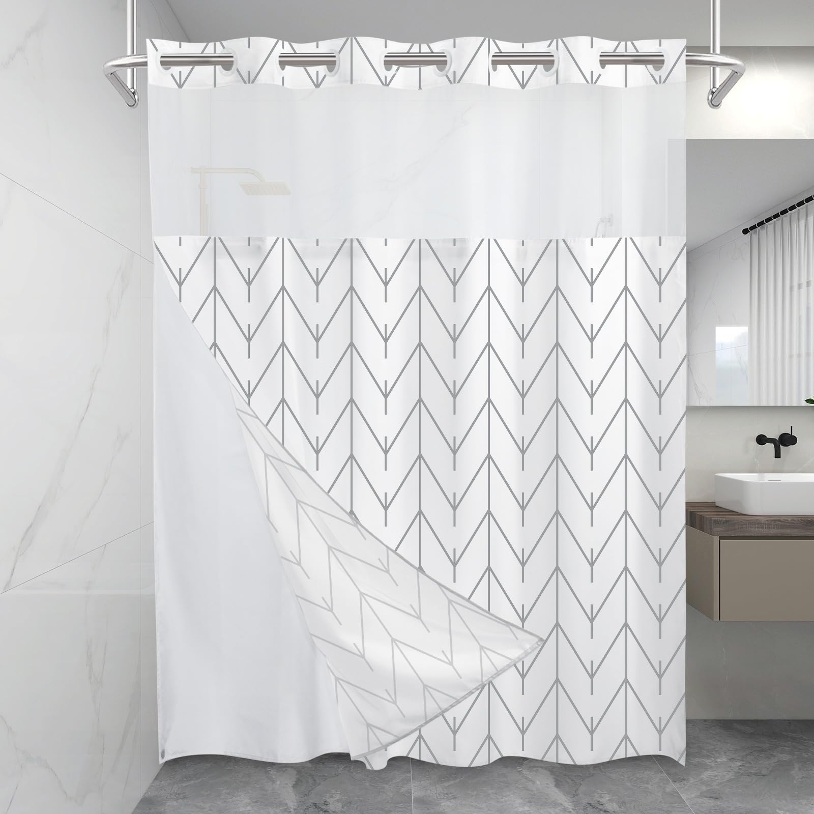 No Hook Geometric Striped Shower Curtain with Snap in Fabric Liner Set - Hotel Shower Curtain and Liner Set with See Through Mes