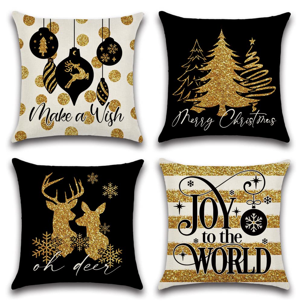Otostar Gold Christmas Pillow Covers 18X18 Set Of 4 For Christmas Decorations Black Golden Elk Christmas Tree Christmas Pillows