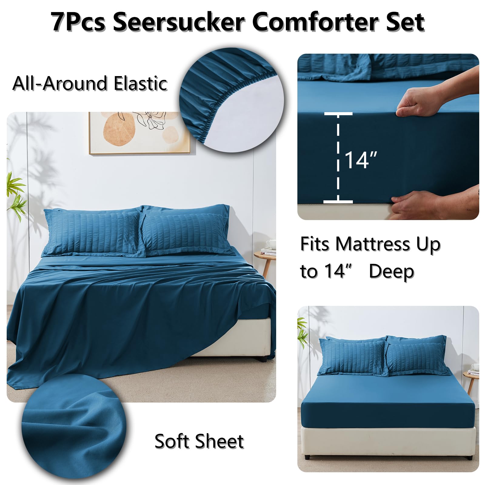 Cozylux Full Seersucker Comforter Set With Sheets Teal Bed In A Bag 7-Pieces All Season Bedding Sets With Comforter, Pillow Sham, Flat Sheet, Fitted Sheet, Pillowcase