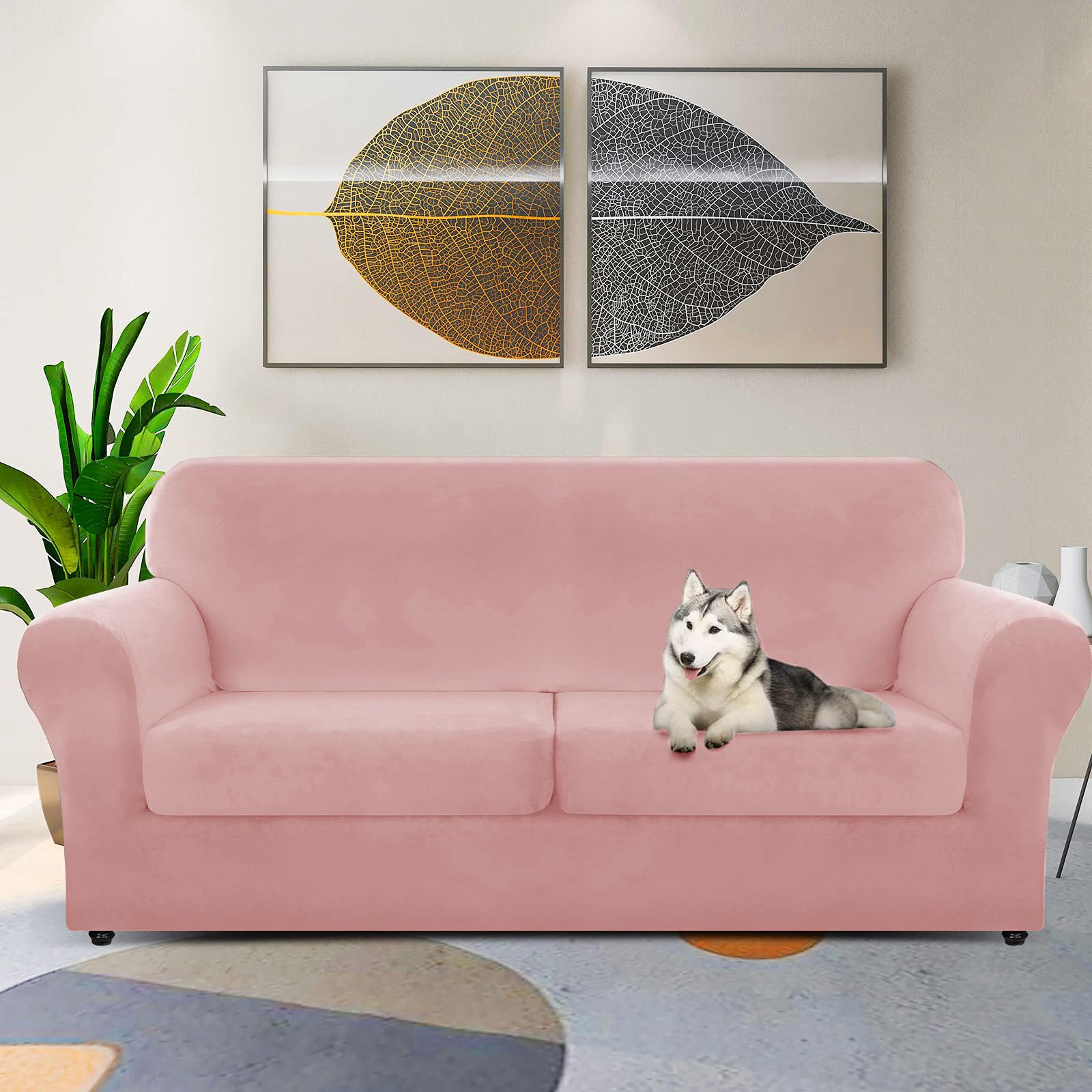 Znsayotx Oversized Velvet 3 Piece Couch Cover With 2 Extra Large Seat Cushion Covers Stretch Sofa Cover For 2 Cushion Couch Thick Soft Loveseat Sofa Slipcover (Rose),71'-91'(2 Cushions)