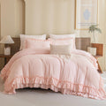 Masaca Shabby Ruffled King Comforter Set,Farmhouse Blush Pink Bedding Comforter Lightweight Ultra Soft Vintage French Country Mi
