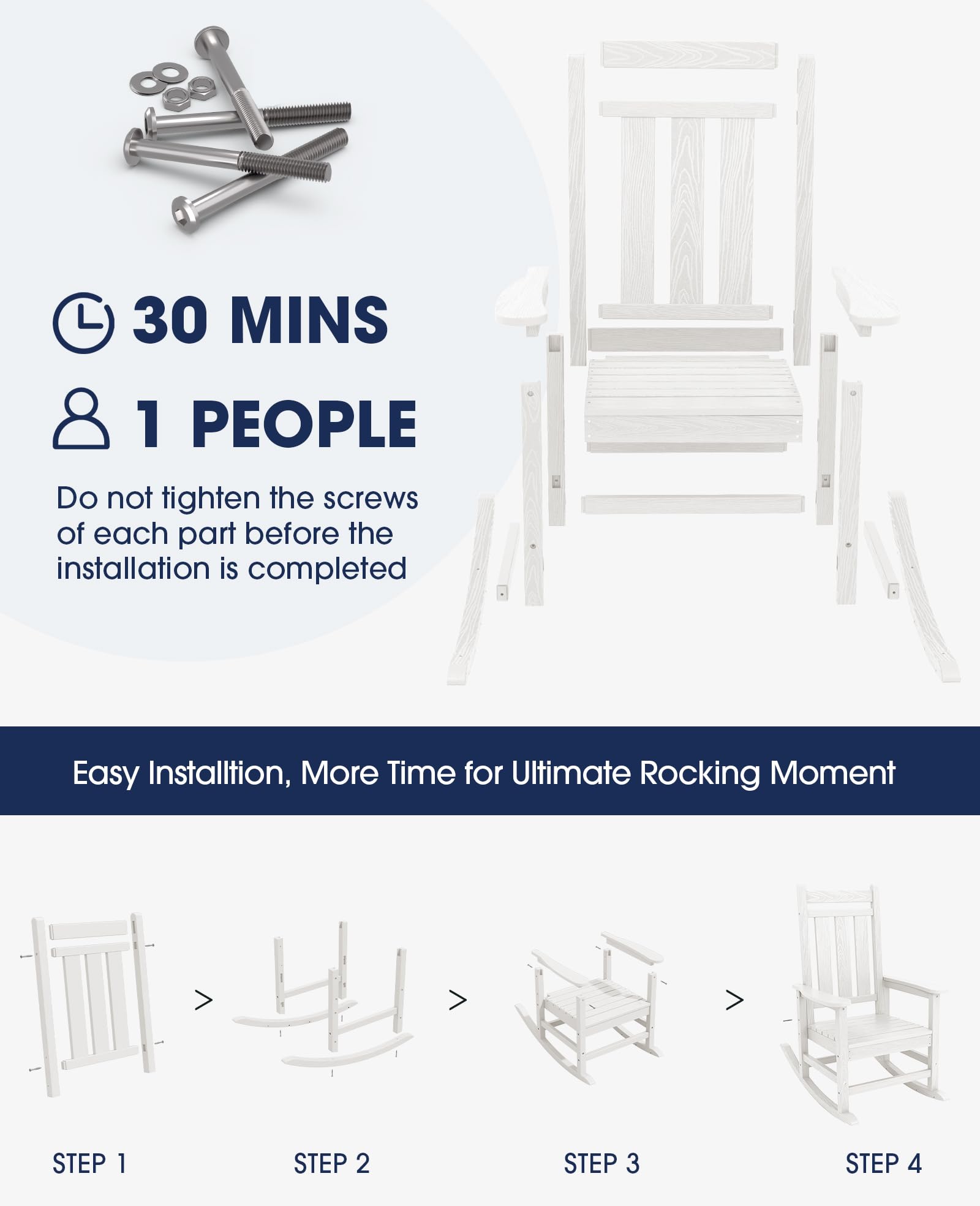 Kingyes Outdoor Rocking Chair, Pearl White