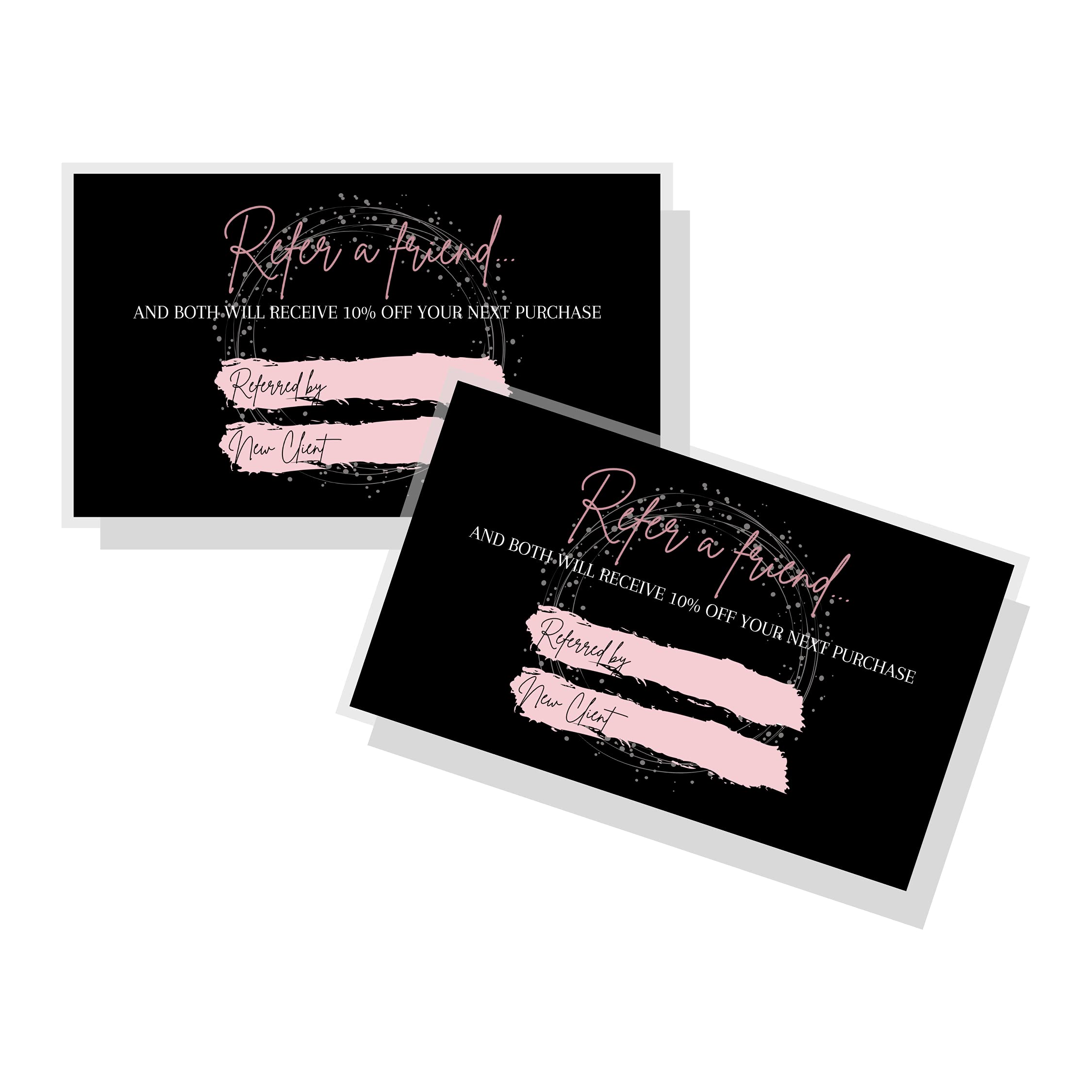 Referral Cards | 50 Pack | One Sided Referral Discount Card | 2X3.5' Inches Business Sized Cards | Black & Rosey Pink Design