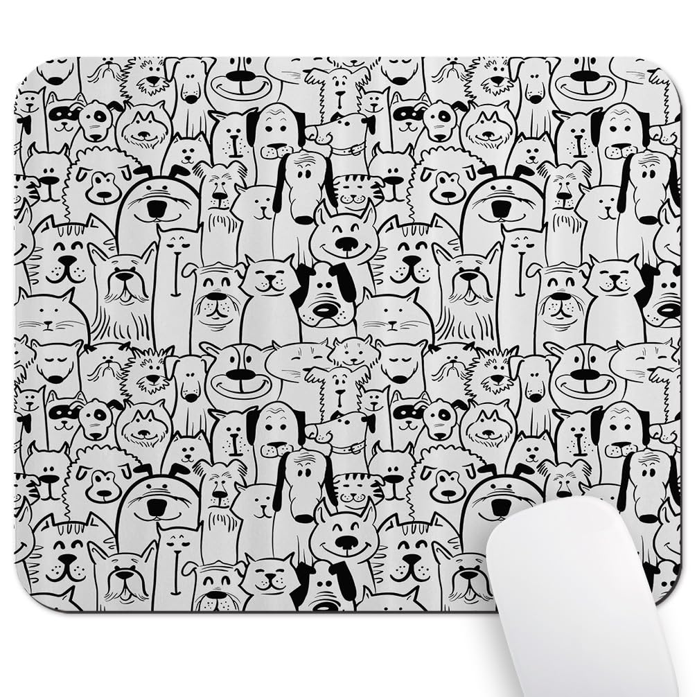 Wknoon Cute Pet Group Of Dogs And Cats Animals Fun Happy Beings Cartoon Inspired Design Black And White Mouse Pad