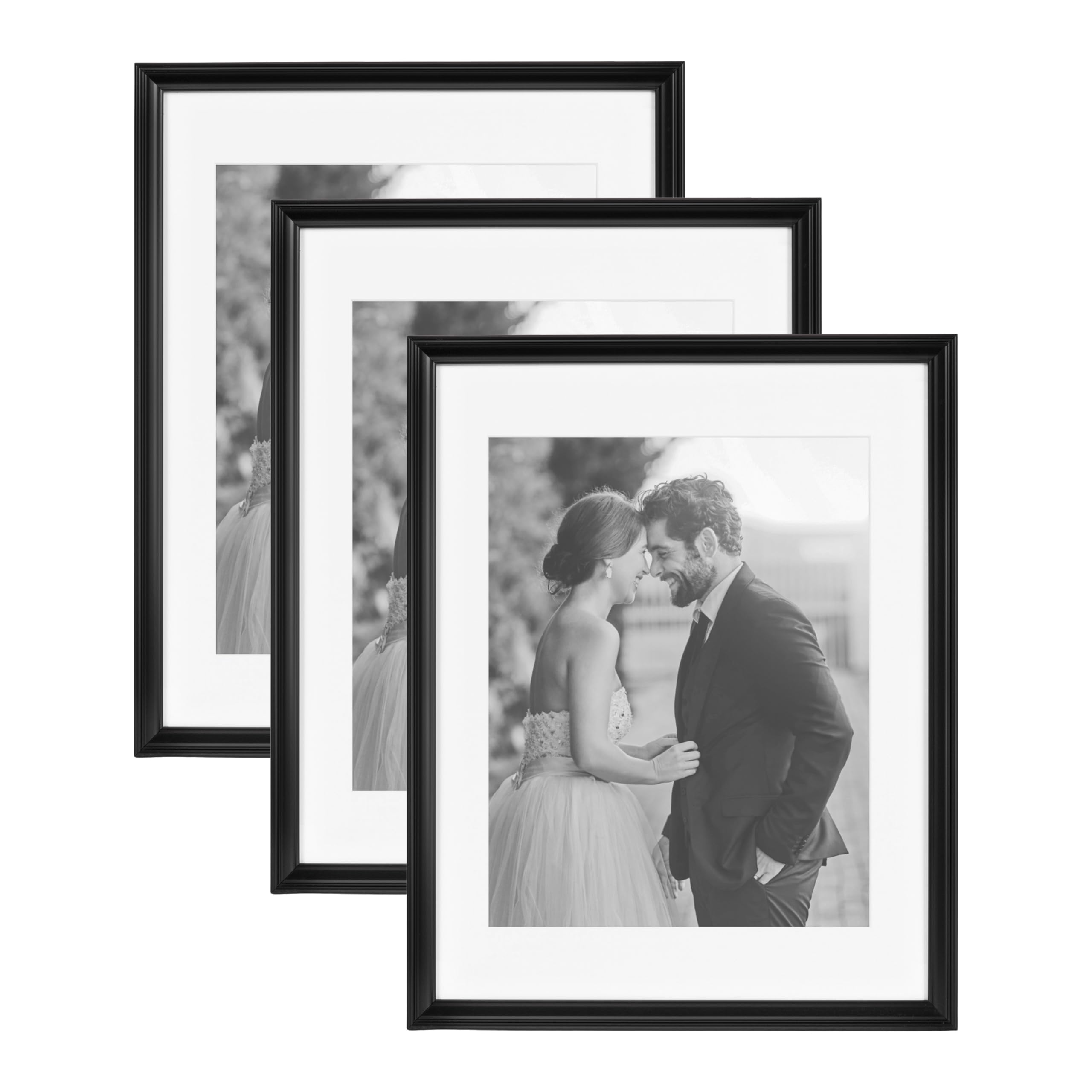 Kate and Laurel Adlynn Rectangle Picture Frame Set of 3, 14 x 18 matted to 11 x 14, Black, Modern Three-Piece Frame Set for Gall