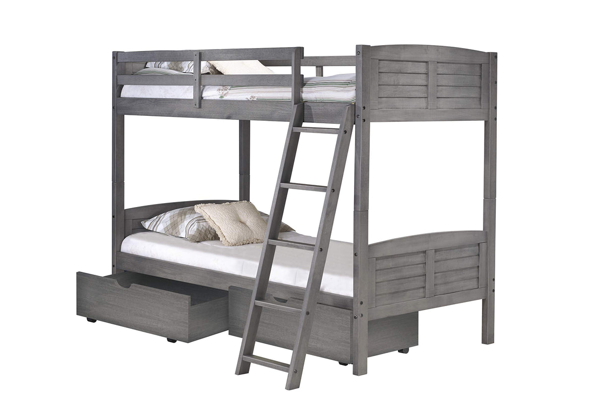 Donco Kids Louver Bunk Bed With Dual Under Bed Drawers, Twin/Twin, Antique Grey