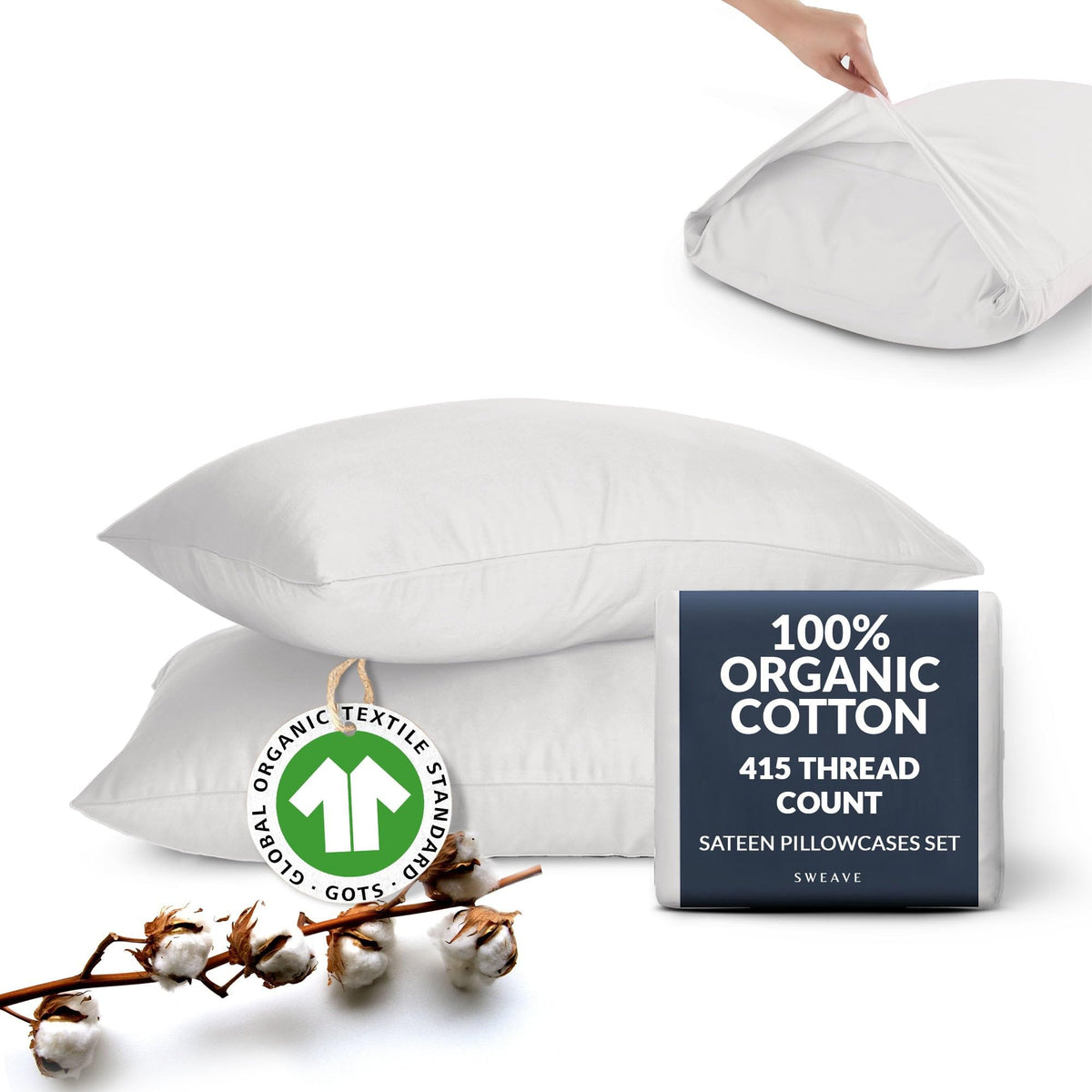 Sweave 100% Organic Cotton Pillowcases Standard - Oeko-Tex Certified 415 Thread Count - 100% Organic Cotton, Skin-Friendly, Silk