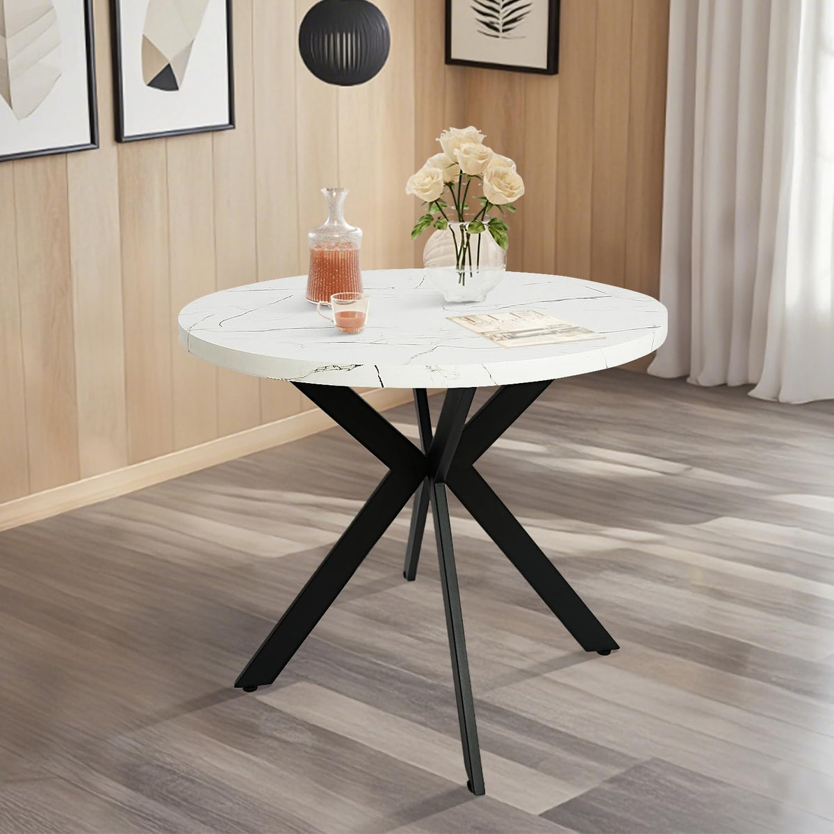 Canglong Round Dining Table For 4 People, Modern White Round Kitchen Table With Black X-Legs Leisure Table Used For Small Space