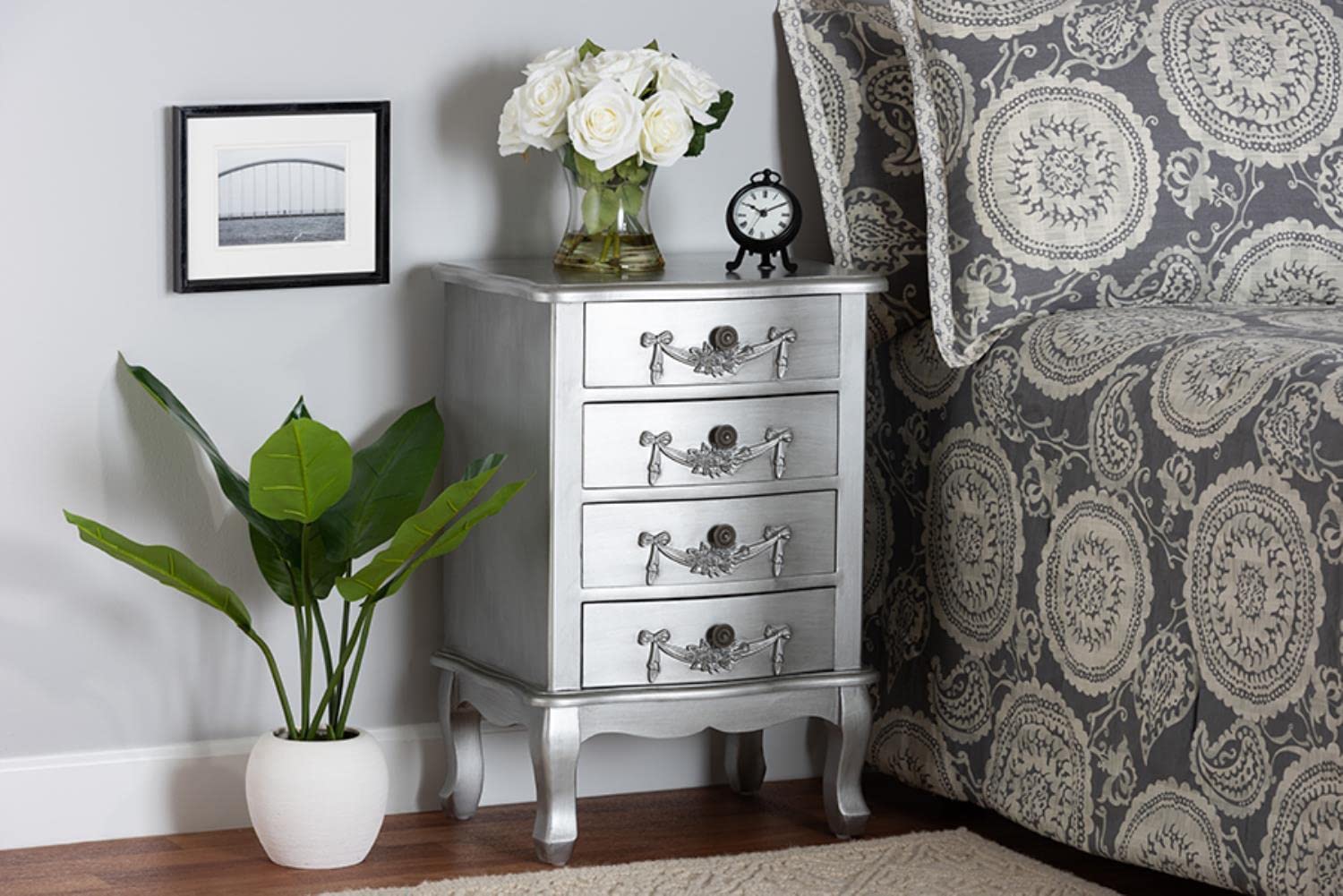 Baxton Studio Callen Brushed Silver Finished Wood 4-Drawer End Table