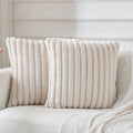 BBiggood Beige Throw Pillow Covers 18x18 Set of 2, Soft Cozy Velvet Striped Decorative Cushion Covers Faux Rabbit Fur Pillow Cov