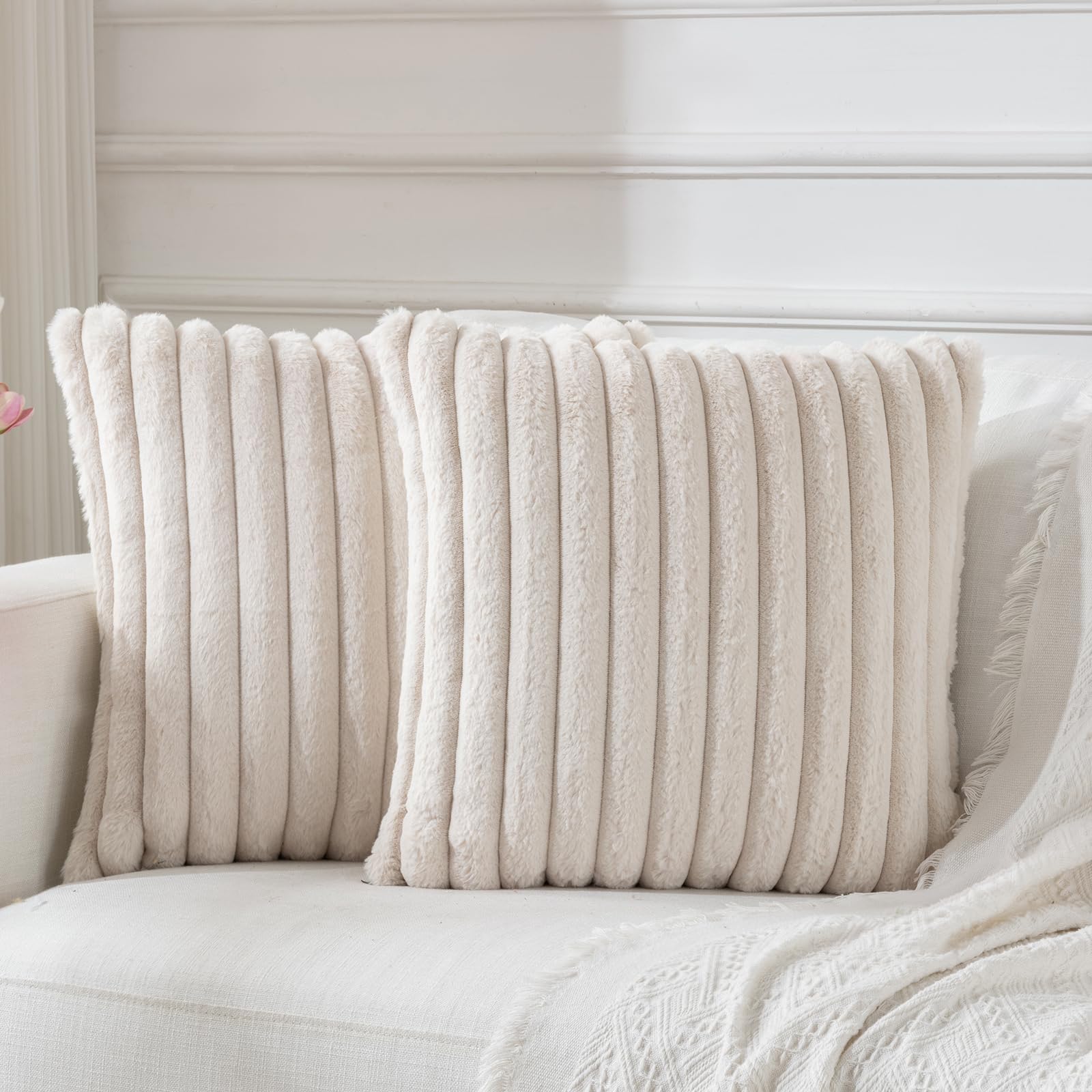 BBiggood Beige Throw Pillow Covers 18x18 Set of 2, Soft Cozy Velvet Striped Decorative Cushion Covers Faux Rabbit Fur Pillow Cov