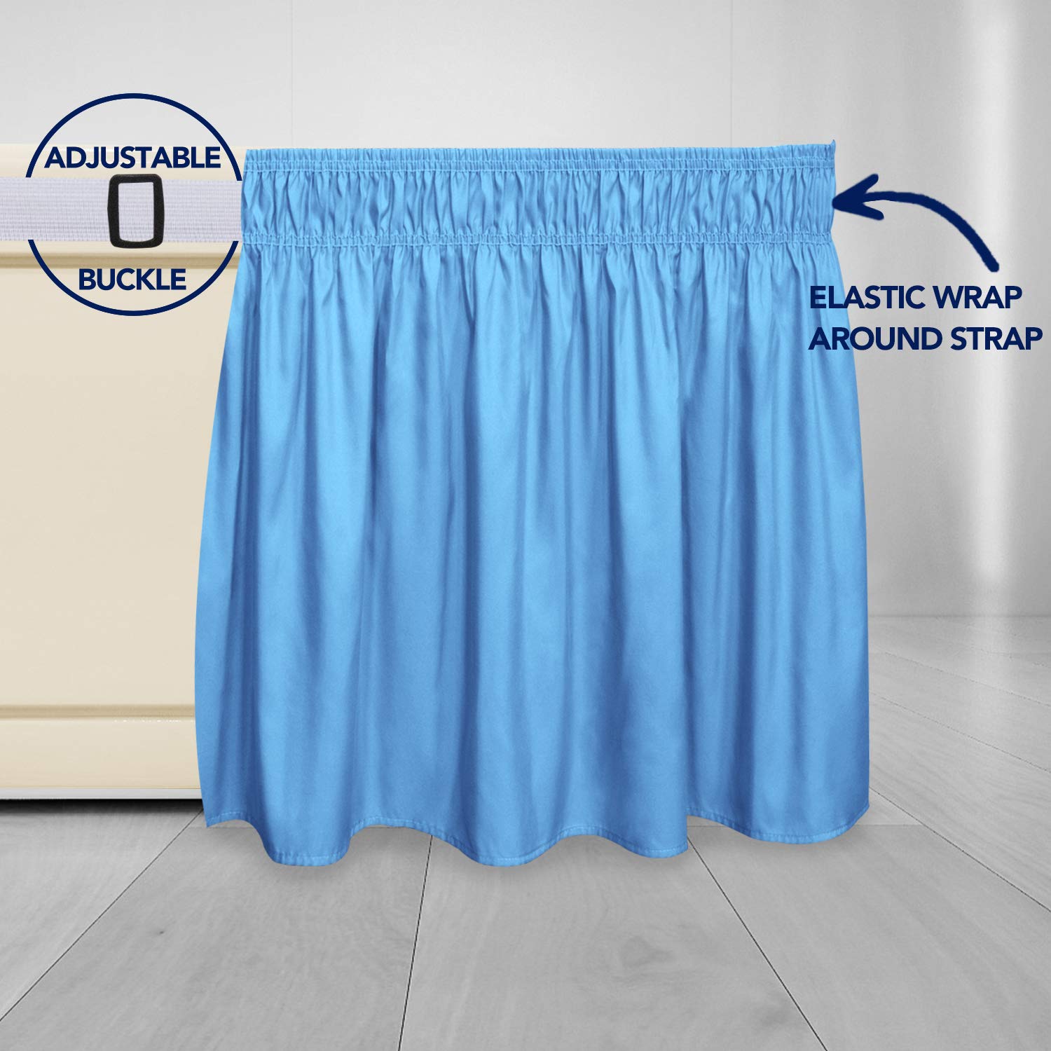 Purefit Wrap Around Ruffled Bed Skirt With Adjustable Elastic Belt - 22 Inch Drop Easy To Put On, Wrinkle Free Bedskirt Dust Ruffles, Bed Frame Cover For Twin,Twin Xl And Full Size Beds, Light Blue