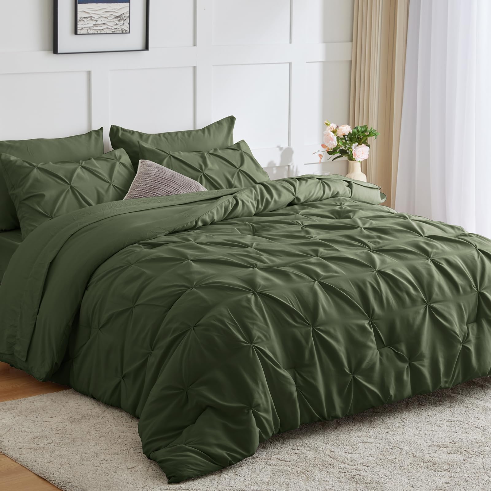 Cozylux Queen Comforter Set - 7 Pieces Bed In A Bag Olive Green, Pintuck Comforters Pinch Pleat Bedding Sets With All Season Com